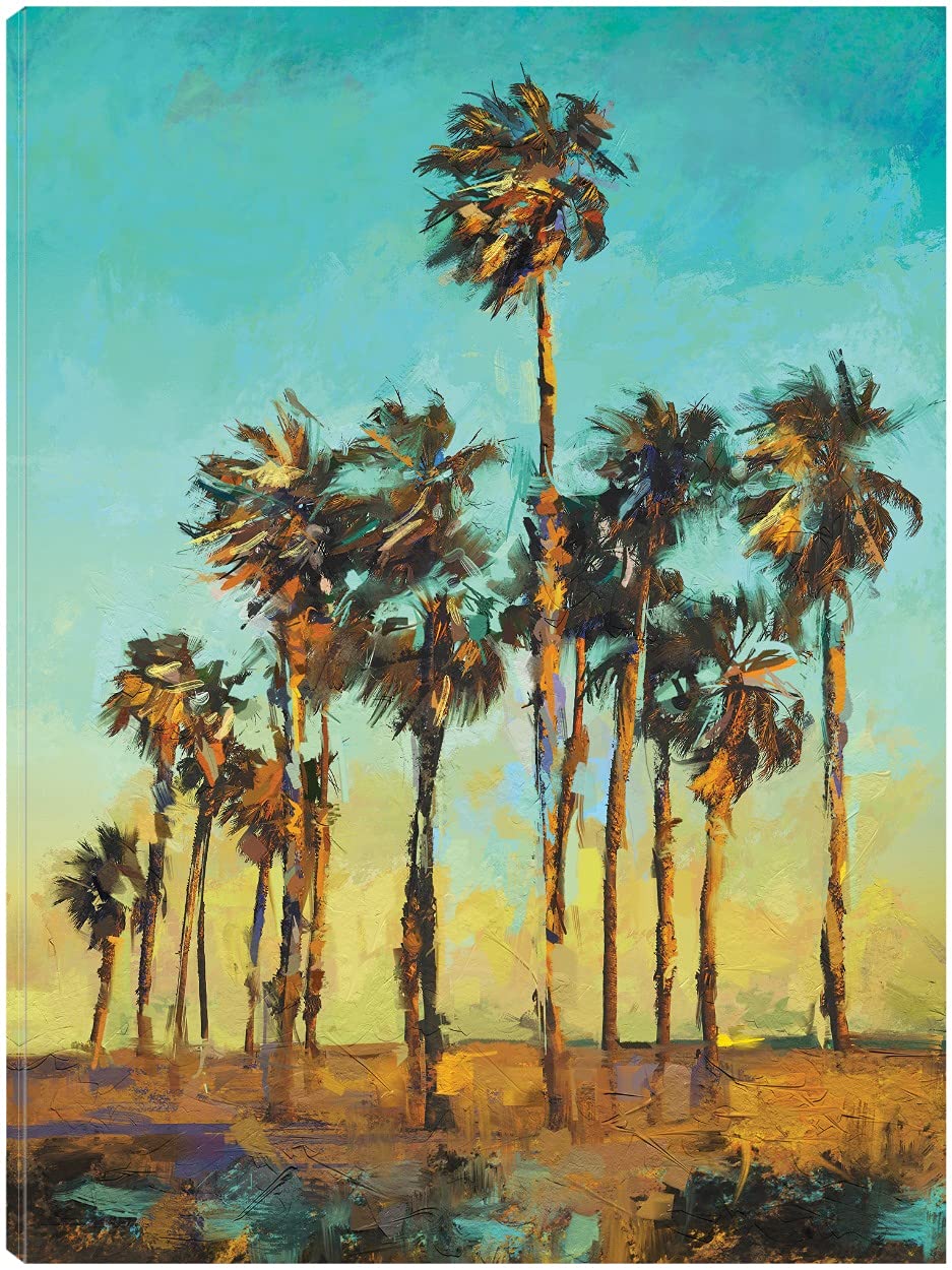 Evening Palms Fine Art Canvas Wall Decor - Hand Painted Tropical Beach Painting for Living Room, Bedroom, Office - Ready to Hang 35