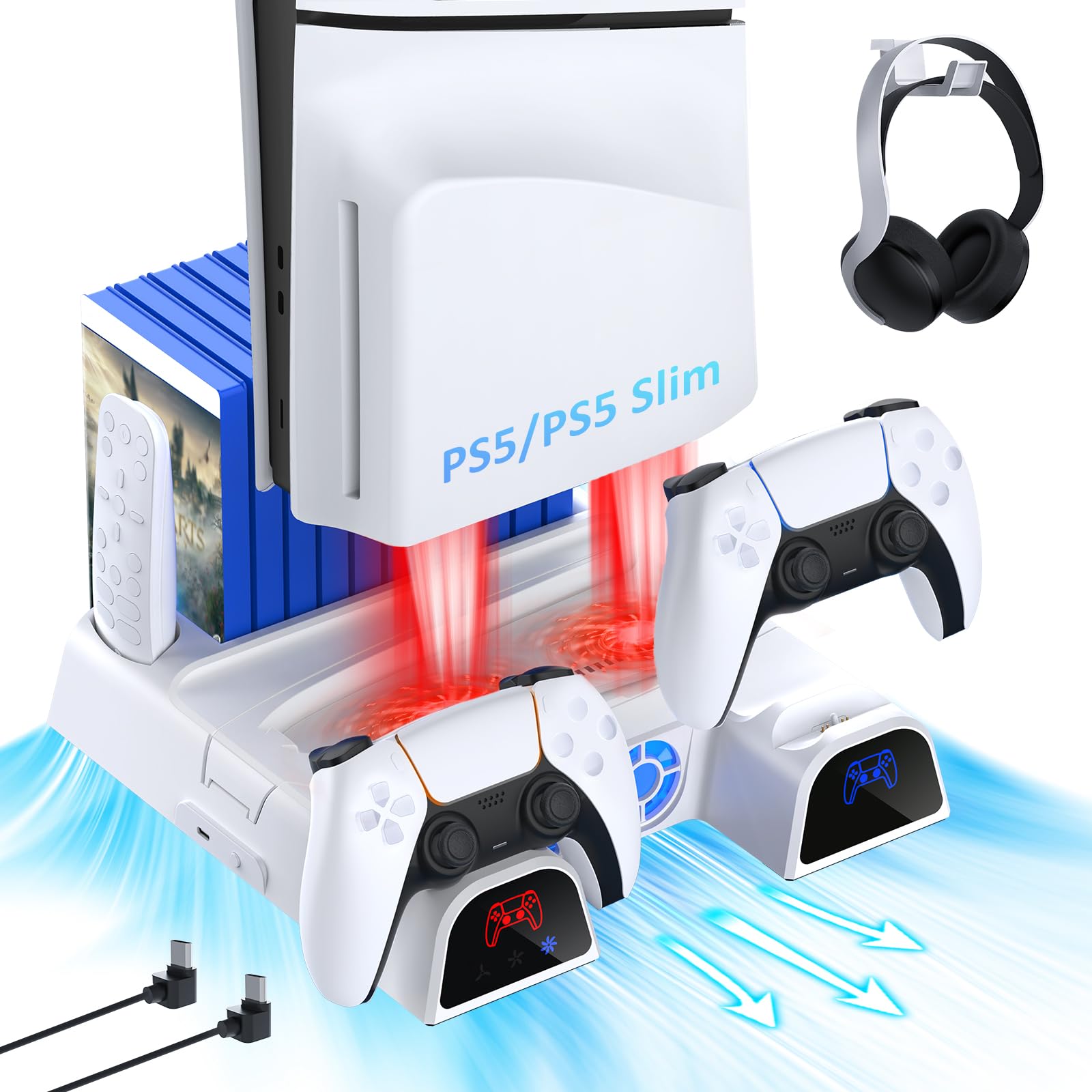 NexiGo PS5 / PS5 Slim Stand with Silent Cooling Fan & Dual Controller Charger - 3-Speed Adjustable Cooling System, Headset & Remote Holder - Perfect for Gaming Setup & Entertainment Center (White)