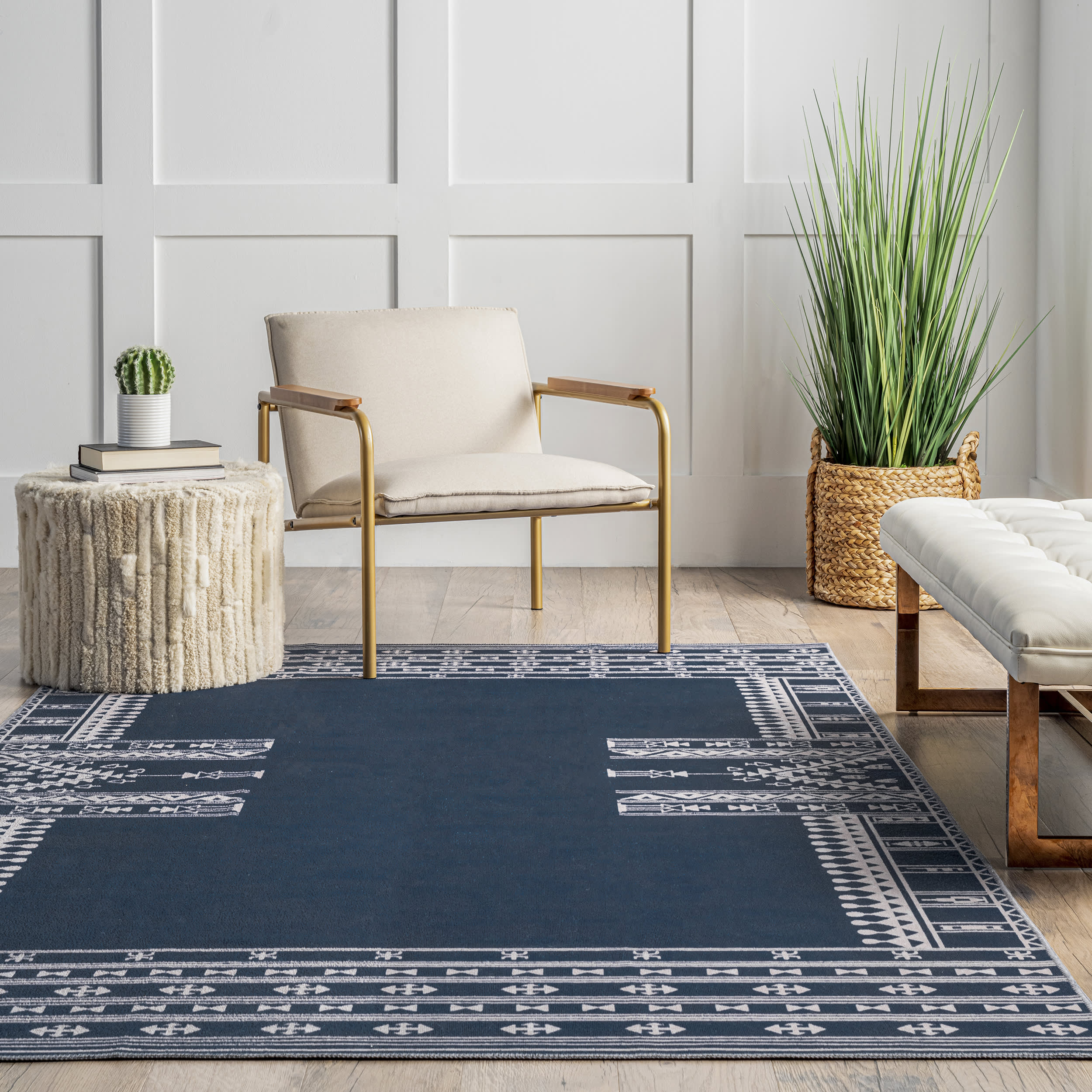 Premium Margo Banded Geometric Washable Rug - Navy Blue Modern Area Rug for Living Room, Bedroom & Office | Stain-Resistant & Easy Clean