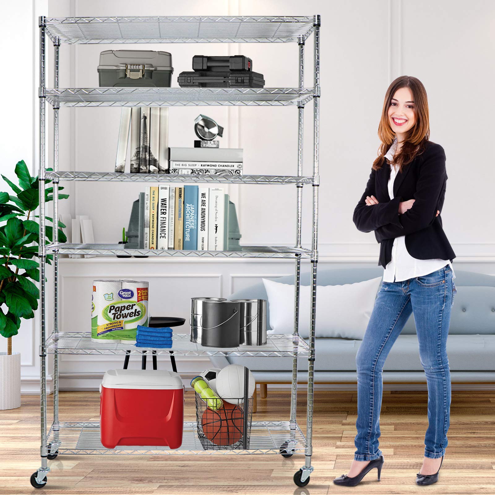 6-Tier Heavy Duty Metal Shelving Unit with Wheels - Adjustable Height 48