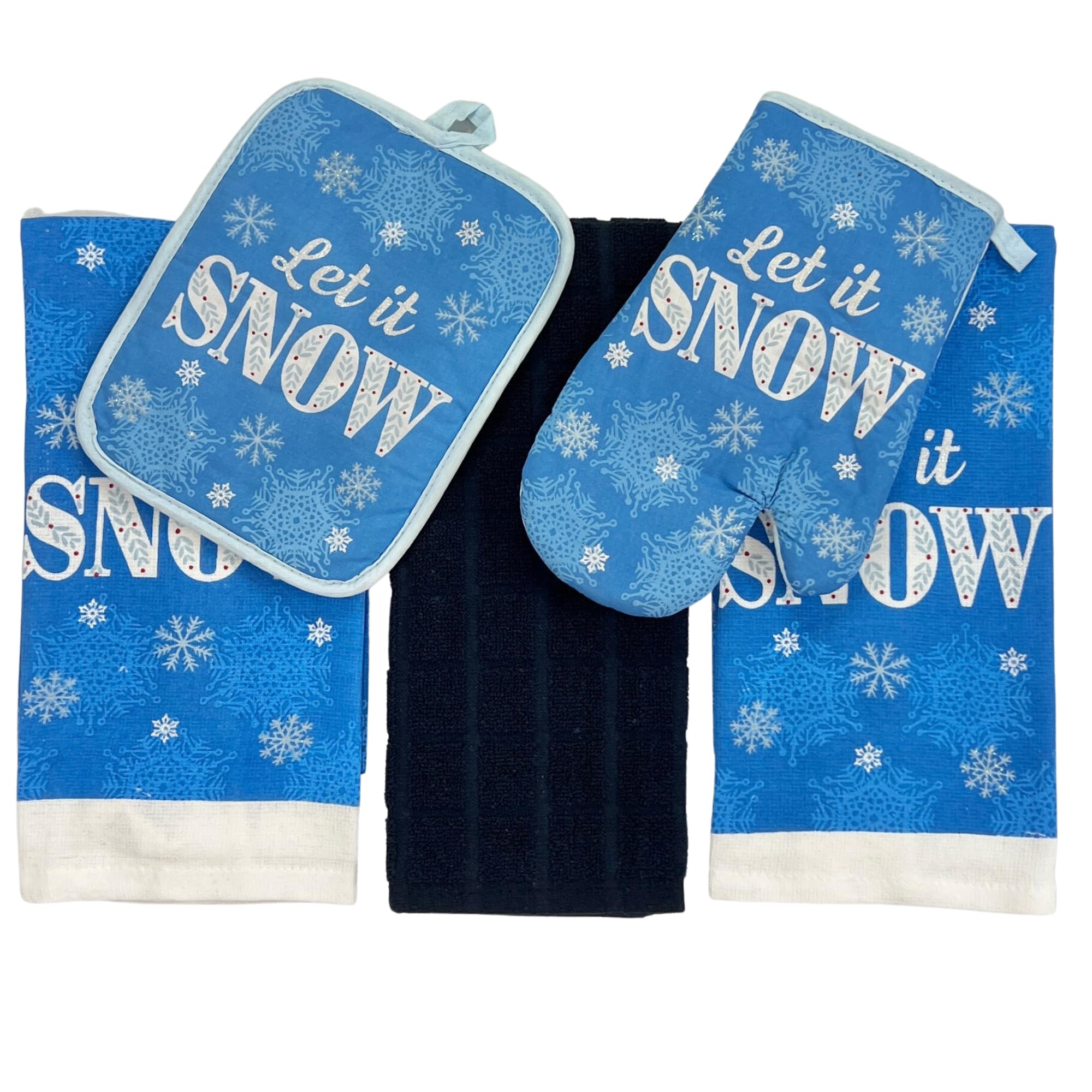 Serafina Home Holiday Winter Kitchen Towels & Pot Holders Set - Snowflake Design (Let It Snow) | Christmas Decor & Baking Essentials for Cozy Winter Cooking