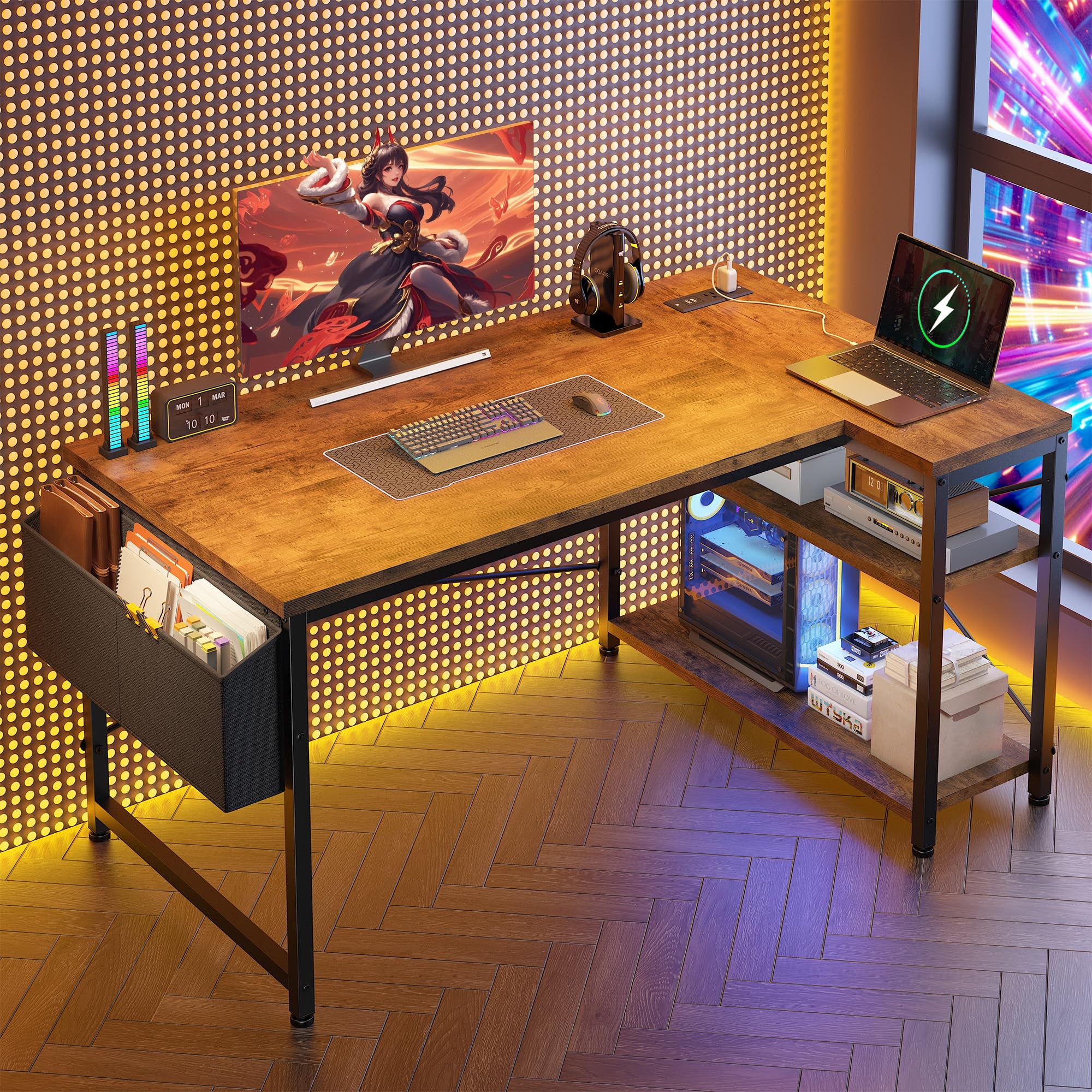 48 Inch L-Shaped Gaming Desk with Storage Shelves, Power Outlets & Side Bag - Reversible Computer Desk with X-Shaped Support for Home Office, Bedroom, Study - Rustic Brown Wooden Workstation for PC Gaming, Remote Work & Online Study