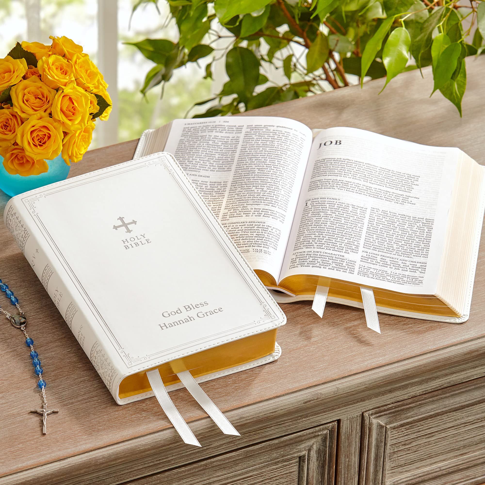 Personalized Catholic Bible - Custom Engraved New & Old Testament - White Cover - Faith Gift with Custom Message - 9.4