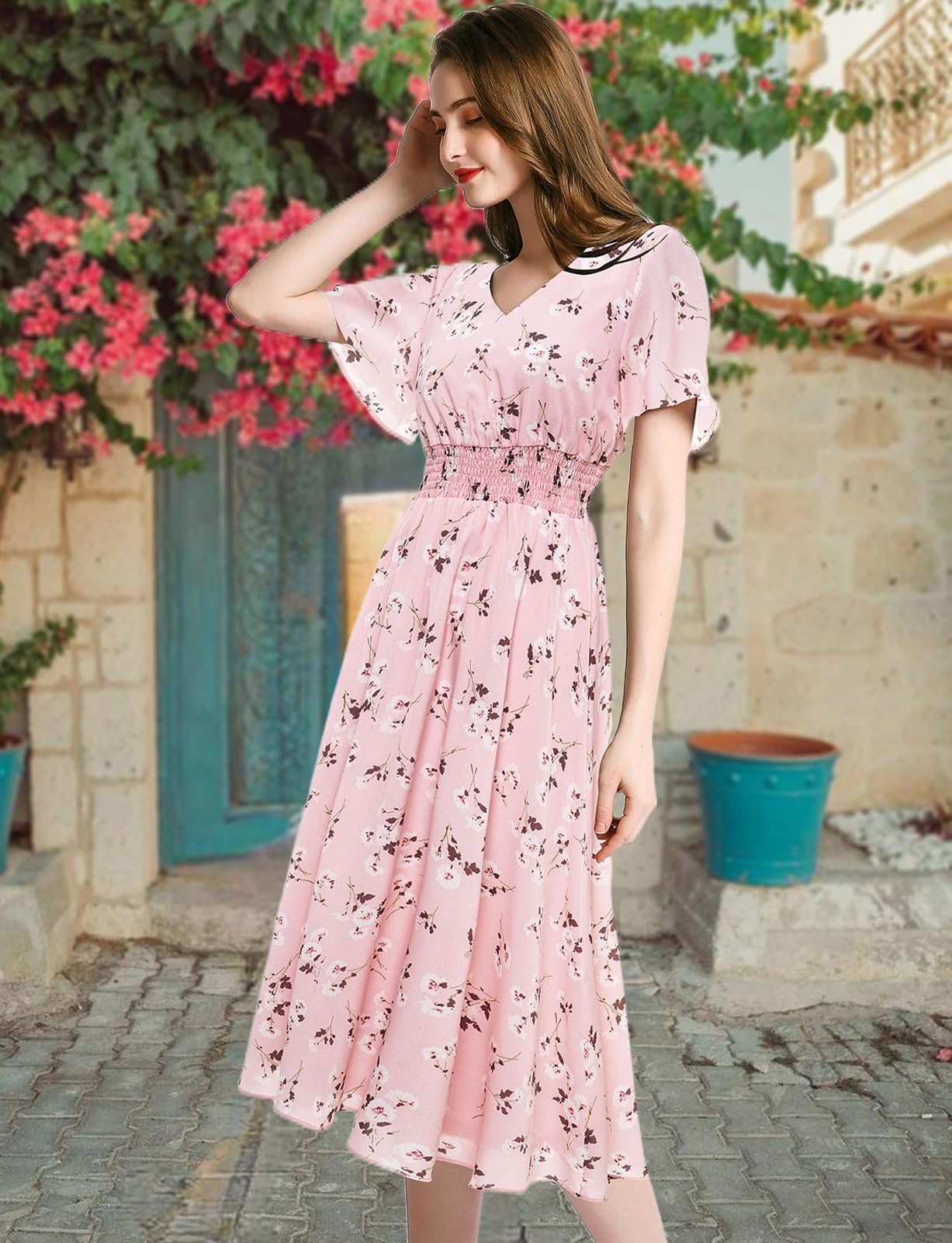 Gardenwed Women's Floral Chiffon Dress - Summer Beach Sun Dress with Elastic Waist - Perfect for Vacations, Weddings & Outdoor Parties