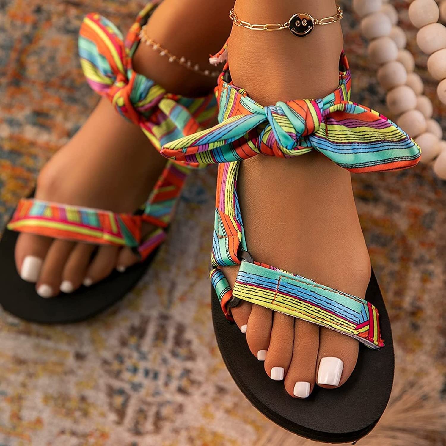 KDLK Women's Bow Flat Sandals - Comfortable Summer Beach Sandals for Women | Fashion Lace-Up Open Toe Sandals | European & American Style | Perfect for Parties, Weddings & Casual Outings (Multicolor, Size 40 EU)