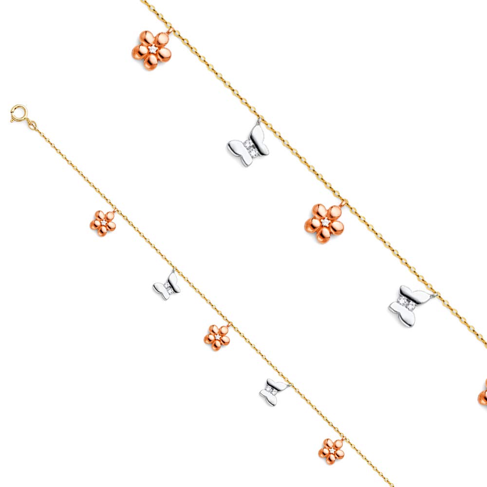 14K Tri-Color Gold Hanging Charm Bracelet for Women & Men - 7+1 Inch Adjustable | Solid 14K Real Gold Chain Bracelet for Her, Him, Girls | Christmas, Valentine's, Birthday Gift Idea | Perfect for Date Nights, Parties & Special Occasions | Comes with Jewelry Gift Box