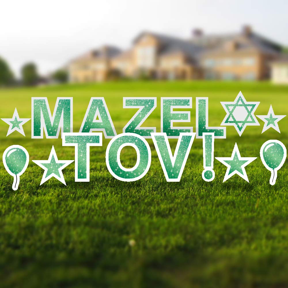 Mazel Tov Yard Signs with Stakes - 18in Tall Letters - Includes Bonus Stars, Balloons & Star of David - Weather-Resistant Outdoor Party Decor for Jewish Celebrations, Weddings & Bar Mitzvahs