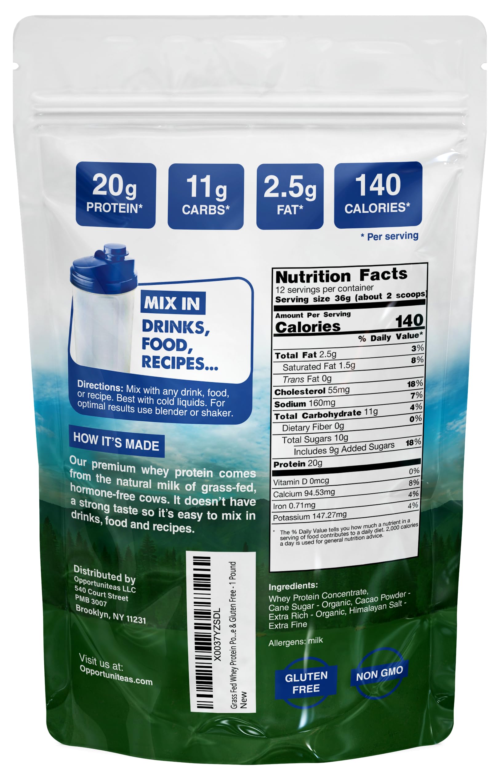 Grass Fed Whey Protein Powder Concentrate - Chocolate Flavor - Pure Protein Supplement for Muscle Recovery & Growth - Non-GMO, Hormone Free, Gluten Free - 1lb - Perfect for Post-Workout Shakes & Healthy Smoothies