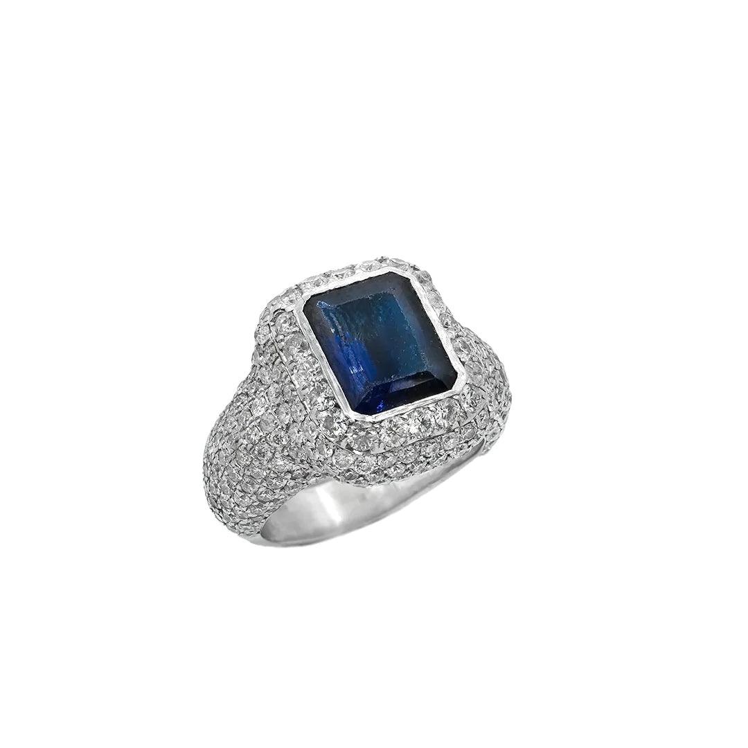 14K White Gold Men's Diamond and Blue Sapphire Ring - 3.60 CTW - Elegant Wedding Band, Anniversary Gift for Him, Engagement Jewelry for Men