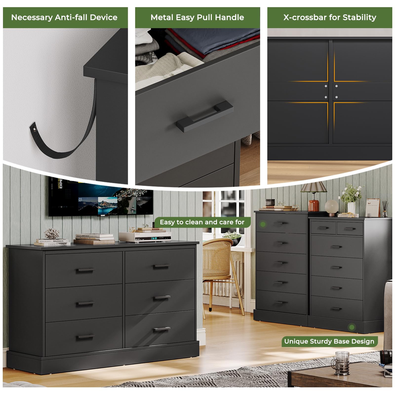 Hasuit Black 6-Drawer Double Dresser - Solid Wood Storage Tower & Clothes Organizer with Sturdy Base - Wide Chest of Drawers for Bedroom, Hallway, Entryway - Perfect for Home Organization & Space Saving
