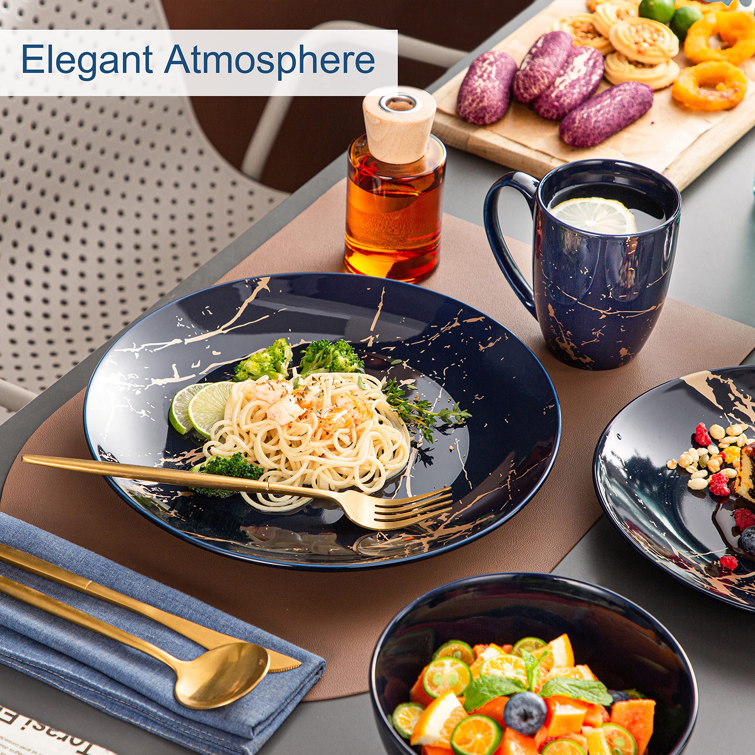 LOVECASA 16-Piece Porcelain Dinnerware Set for 4 - Elegant Dark Blue Color Glaze with Gold Trim, Includes Dinner Plates, Dessert Plates, Bowls & Mugs - Perfect for Family Dinners, Holiday Entertaining & Restaurant-Style Dining
