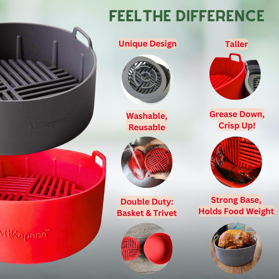 Reusable Silicone Air Fryer Basket - BPA-Free Non-Stick Accessory for Air Fryers (7.5 Inch, Grey) | Perfect for Cooking French Fries, Chicken Wings & Vegetables