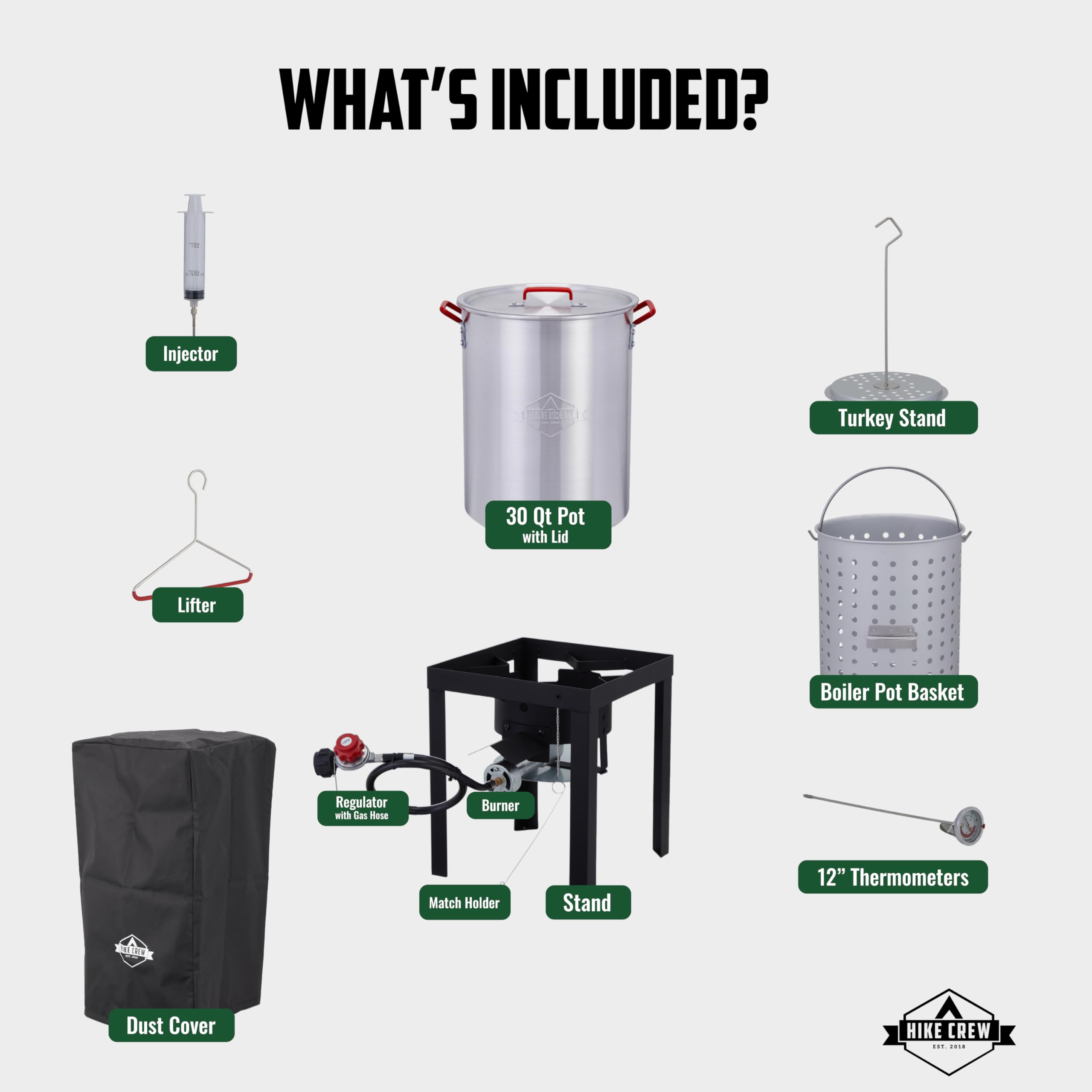 Hike Crew 30Qt Outdoor Turkey Fryer Kit - Complete Set for Steaming, Boiling & Deep Frying with Pot, Basket, Thermometer, Injector, Stand & Accessories - Perfect for Backyard BBQs, Camping & Holiday Cooking