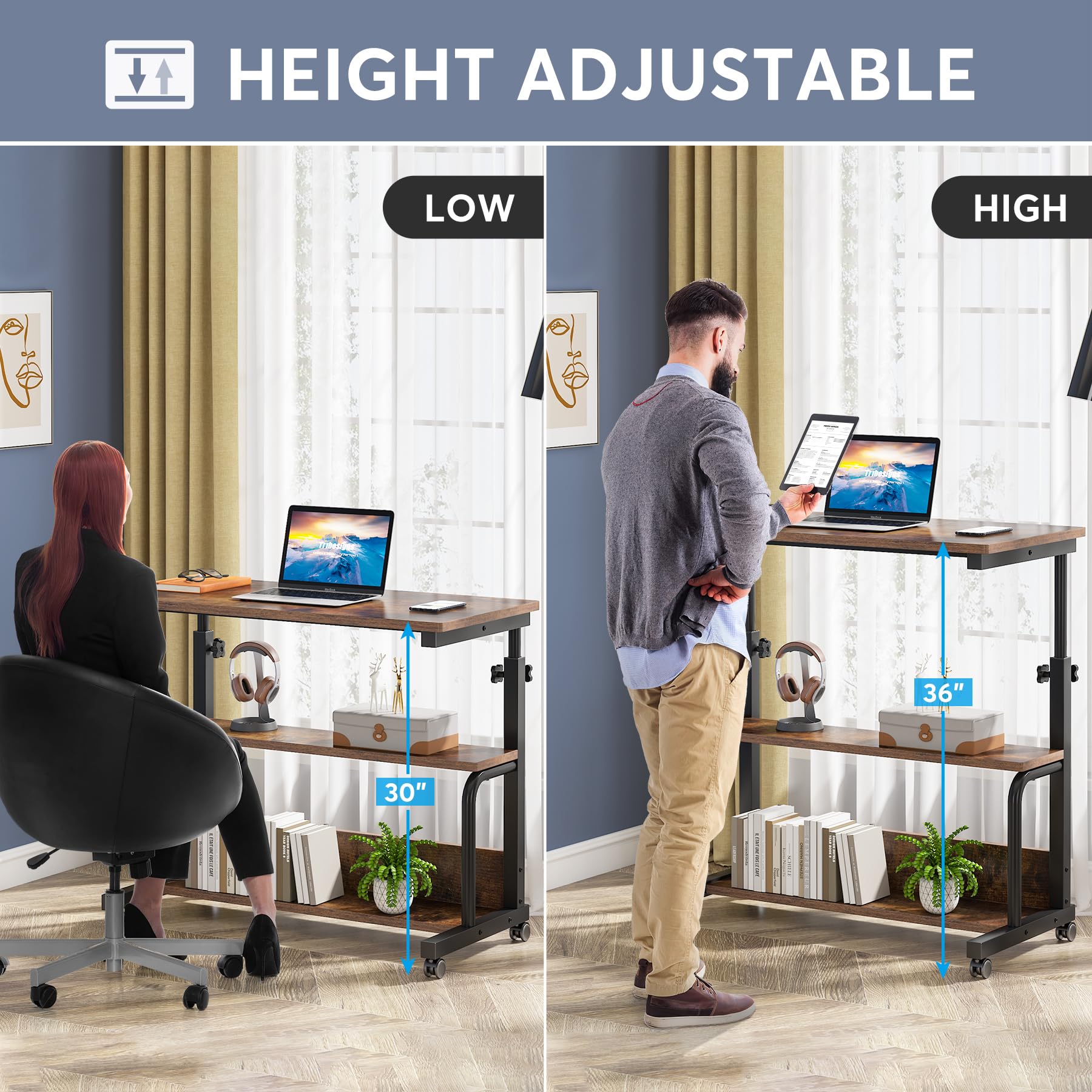 Tribesigns Adjustable Height C-Shaped Laptop Table for Couch & Bed - Portable Standing Desk with Wheels, Mobile Side Table for Home Office, Gaming, Reading & Snacking (Brown)