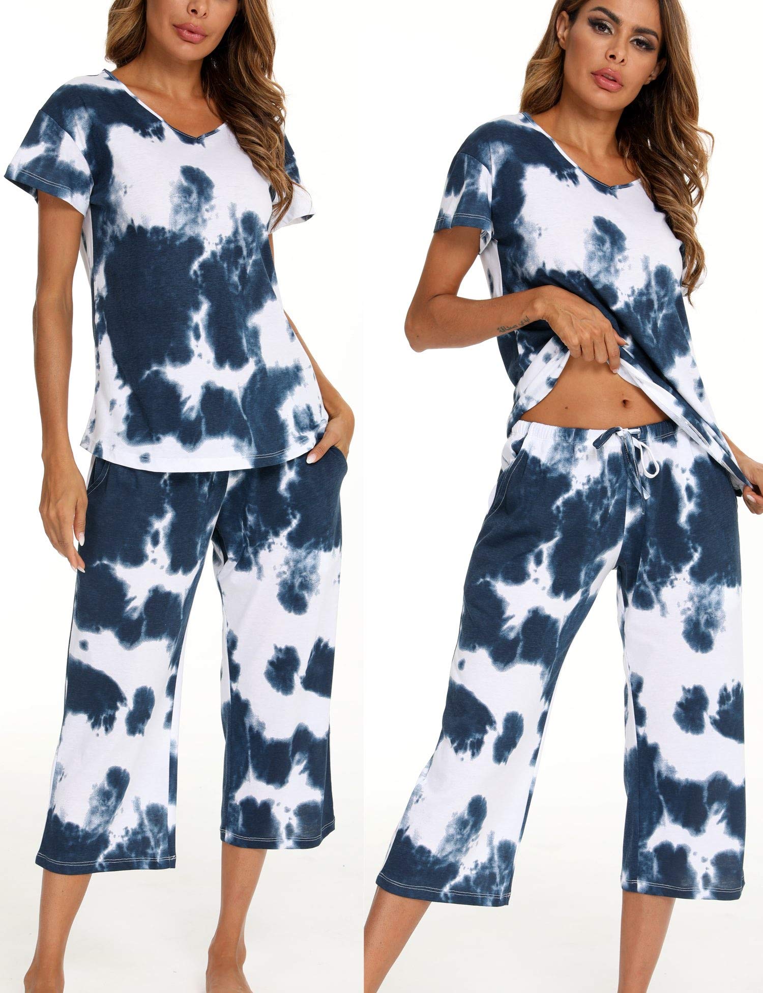 ENJOYNIGHT Women's Cotton Pajama Set - Soft Short Sleeve Top & Cropped Pants Lounge Wear for Sleep, Relaxation & Home Comfort