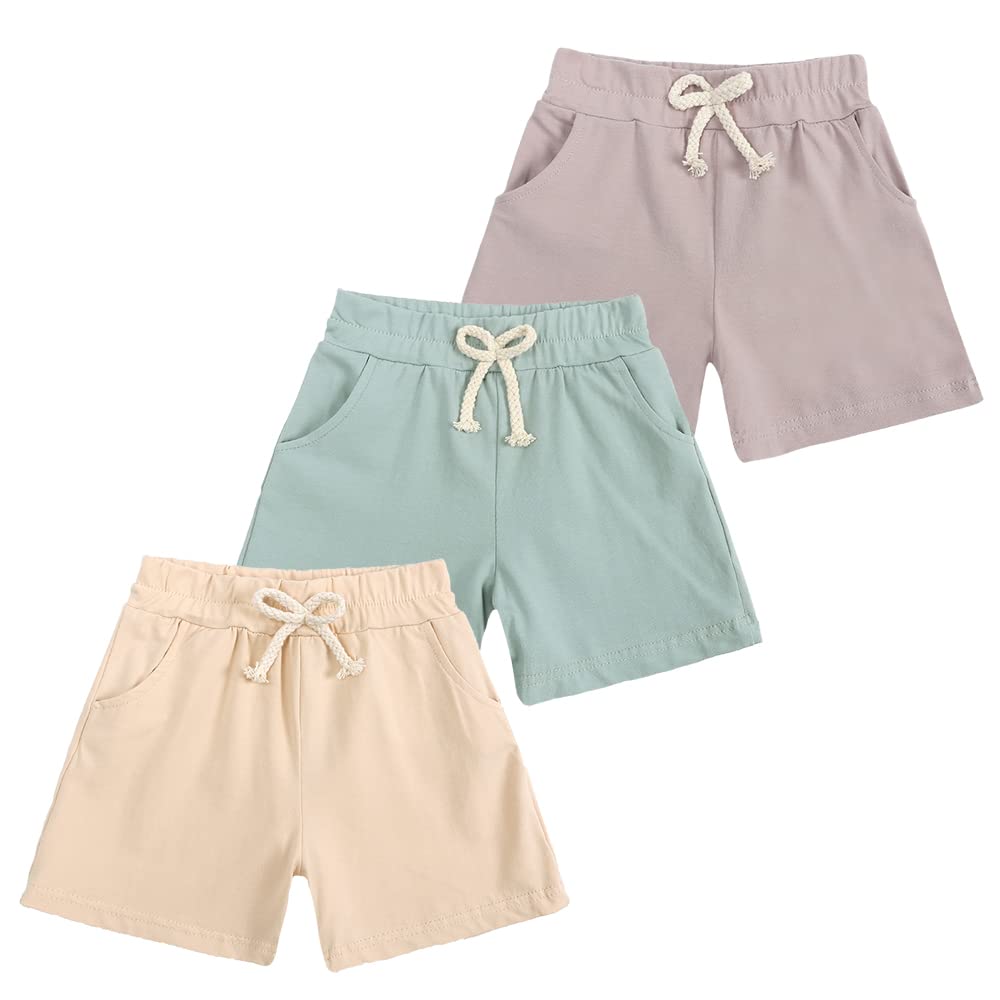 3-Pack Boys Girls Cotton Shorts with Drawstring & Pockets - Toddler Summer Casual Wear for Playground, Beach & Outdoor Activities