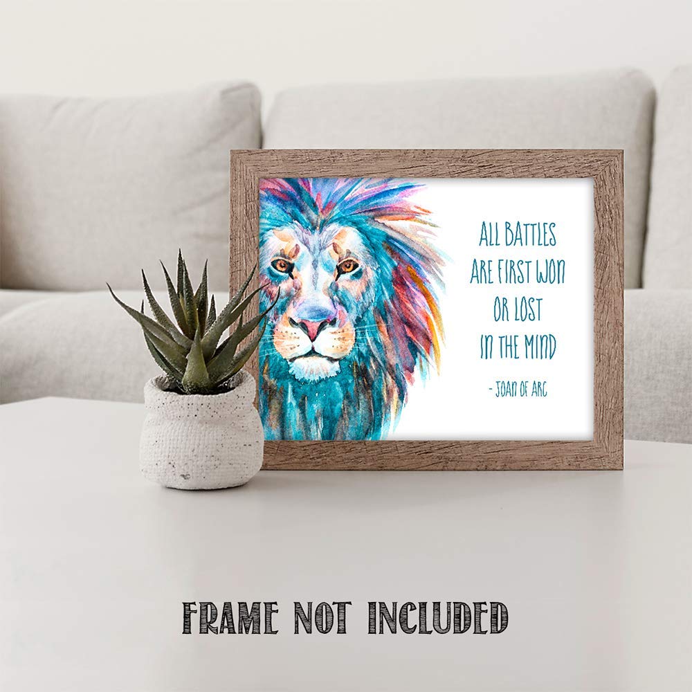 TJ Originals - 'All Battles Are First Won or Lost in the Mind' Joan of Arc Christian Bible Quote Wall Art Print - 11x14 Inspirational Scripture Decor for Home, Office & Church - Motivational Gift for Family & Friends (Brave Lion Design)