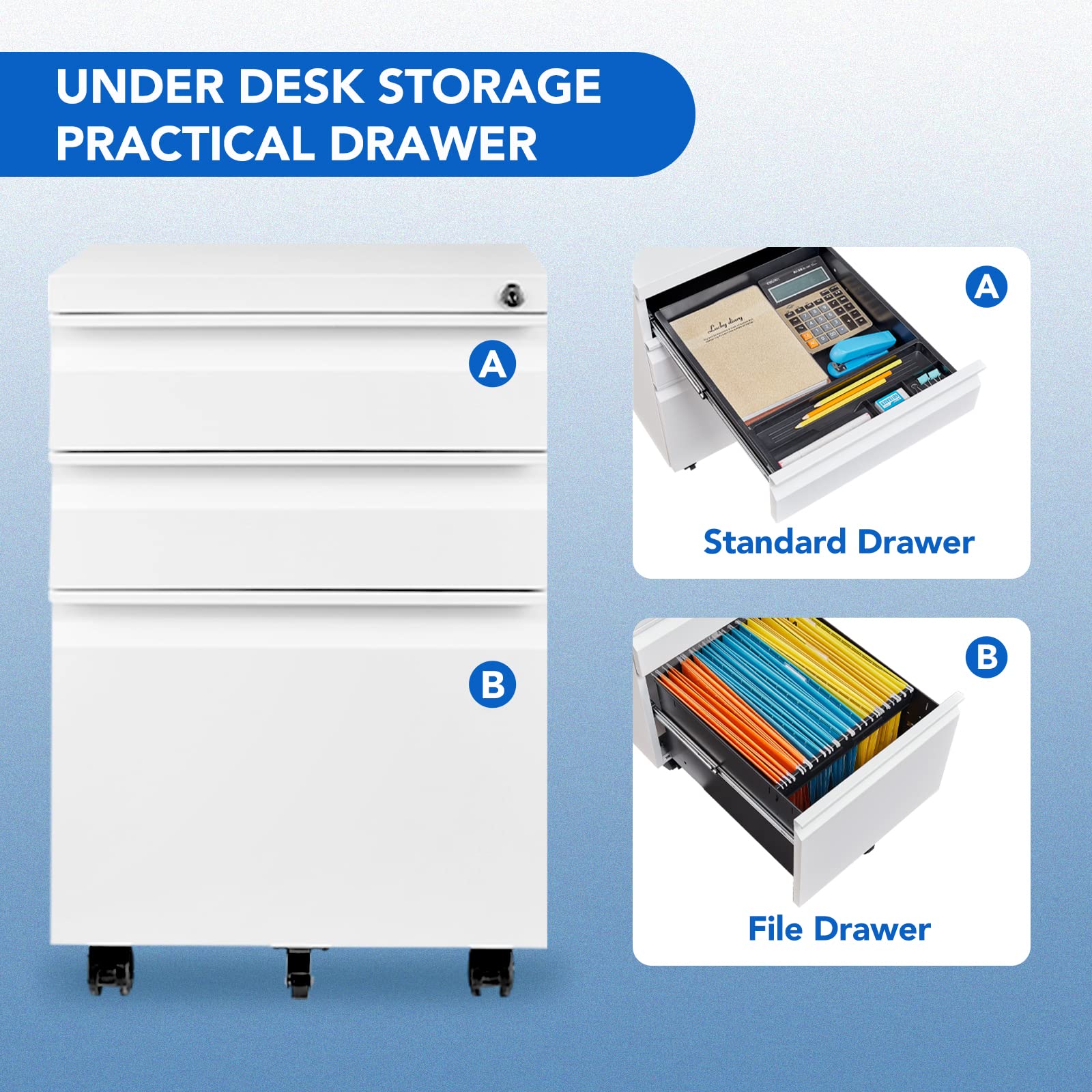FLEXISPOT 3-Drawer Mobile File Cabinet with Lock Keys - Home Office Under Desk Storage Organizer for Legal/Letter/A4 Files - White | Perfect for Small Spaces & Office Organization