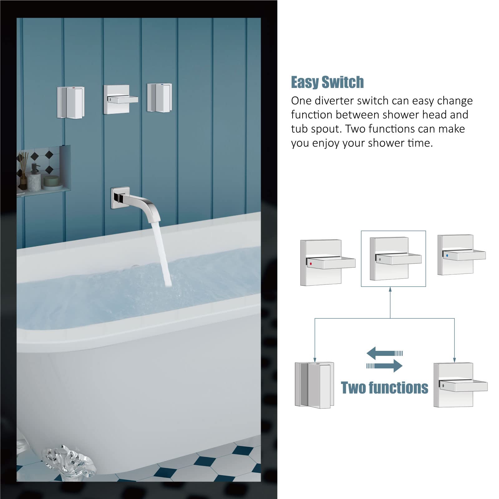 Aolemi 3 Handle Chrome Bathtub Shower Faucet Set with 8 Inch Rainfall Showerhead, Tub Spout & Rough-in Valve - Wall Mount Shower System for Bathroom Remodeling & Luxury Spa Experience