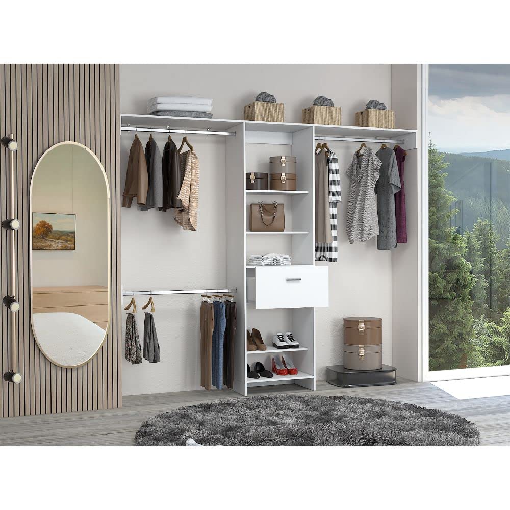 Brisk 250 Closet Organizer System - 5 Open Shelves, 1 Drawer & 3 Metal Rods - White - Perfect for Bedroom, Closet & Home Storage Organization