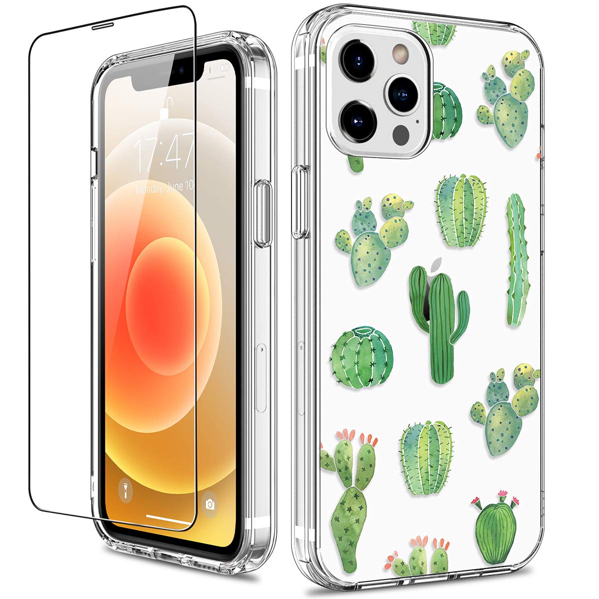 GiiKa iPhone 12 Pro Max Case with Screen Protector - Clear Shockproof Floral Design Hard Case with TPU Bumper - Protective Phone Cover for Women & Girls (Green Cactus) - Perfect for Everyday Use, Travel & Outdoor Activities