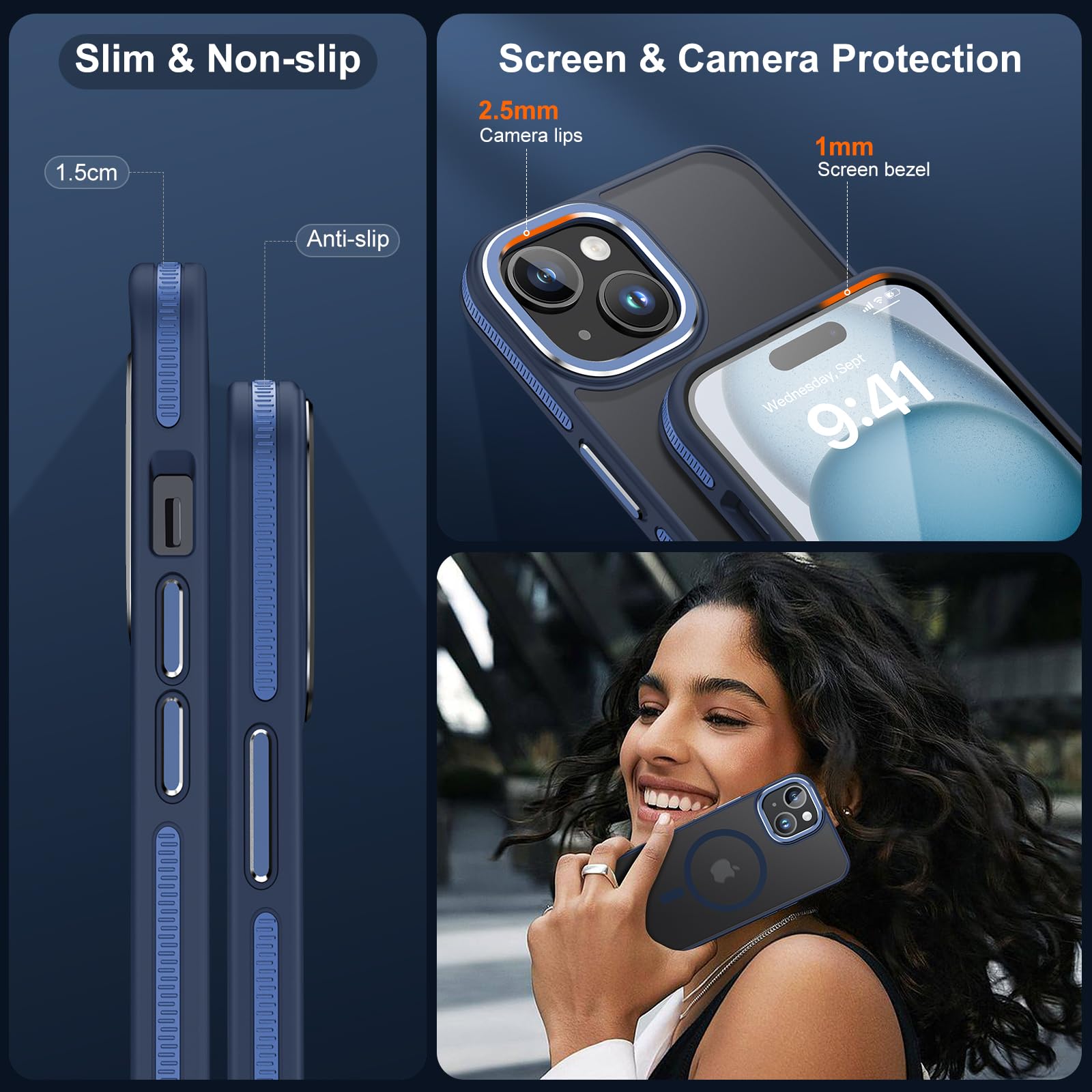JAME for iPhone 15 Case - Military-Grade Shockproof Slim Fit Phone Cover with 2 Tempered Glass Screen Protectors | Magsafe Compatible | Durable Protection for iPhone 15 | Perfect for Outdoor, Work & Daily Use | Blue