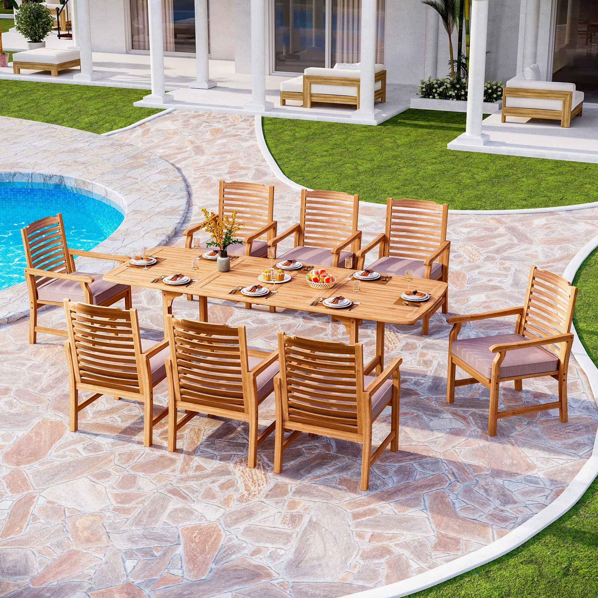 PHI VILLA 2-Piece Acacia Wood Outdoor Dining Chairs with Cushions - Patio Armchairs Set, Weather-Resistant Oil-Finished Wooden Chairs for Deck, Yard, Porch, Garden - Perfect for Outdoor Entertaining & Relaxation