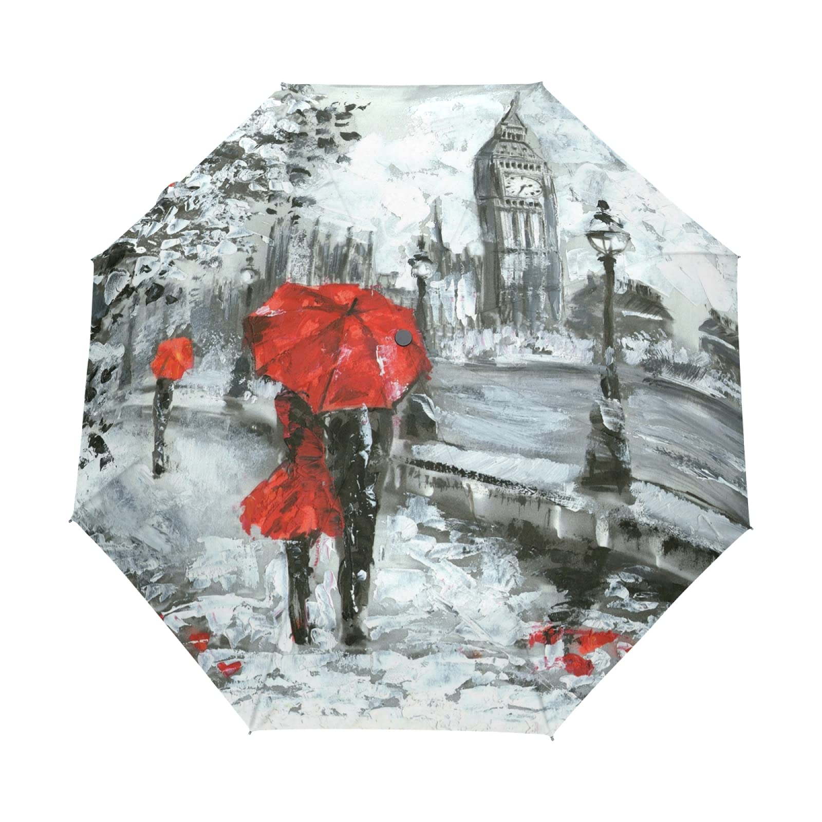 London Street Big Ben Couple with Red Umbrella - Auto Open/Close Folding Umbrella, Strong Windproof Travel Rain Umbrella, Portable Automatic Compact Sun Parasol for Men & Women - Perfect for Travel, Commuting, and Outdoor Activities