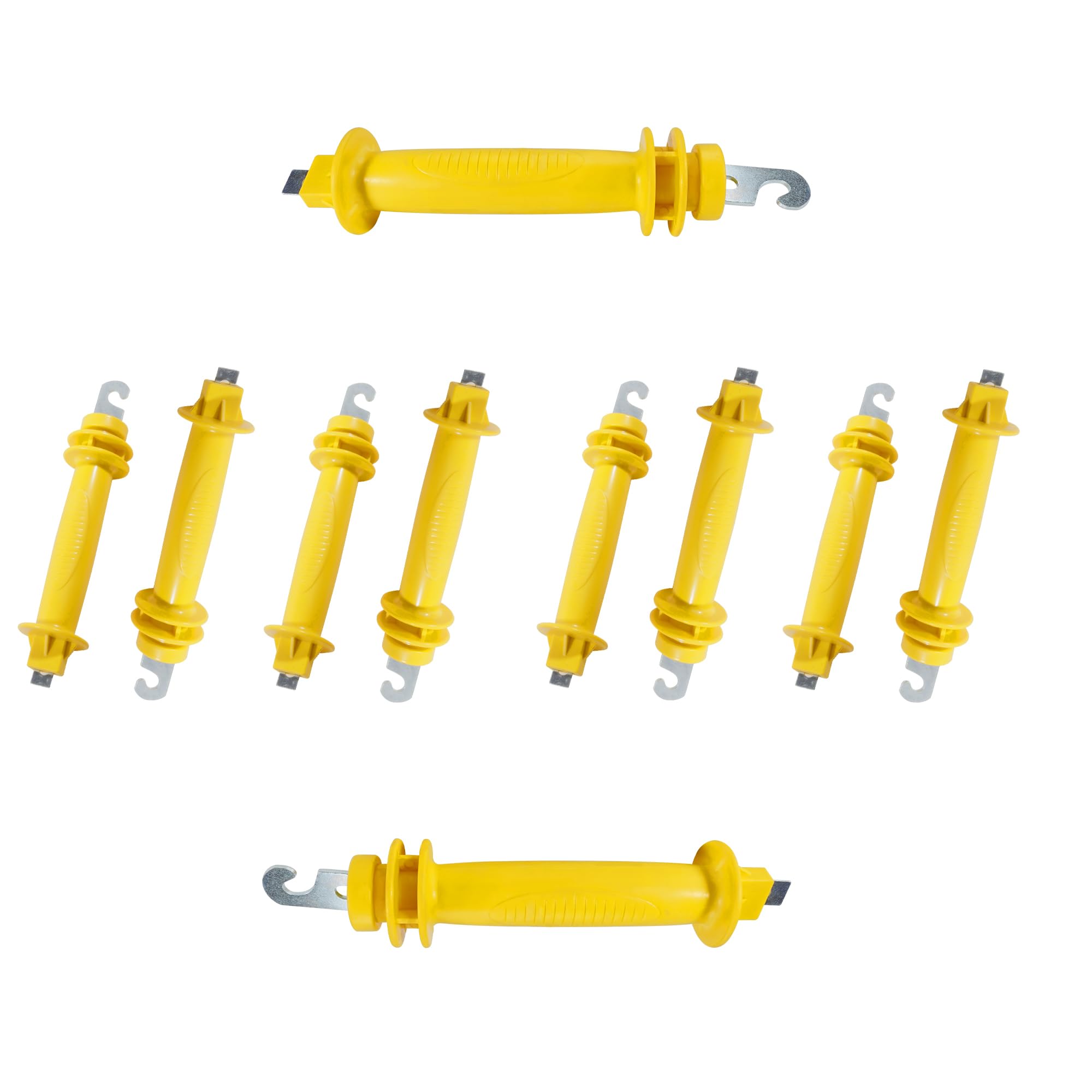 10 Pack Electric Fence Rubber Gate Insulators with Heavy Duty Steel Hooks - Yellow Plastic Spring Handles for Garden & Farm Fencing - Perfect for Livestock Control and Property Protection