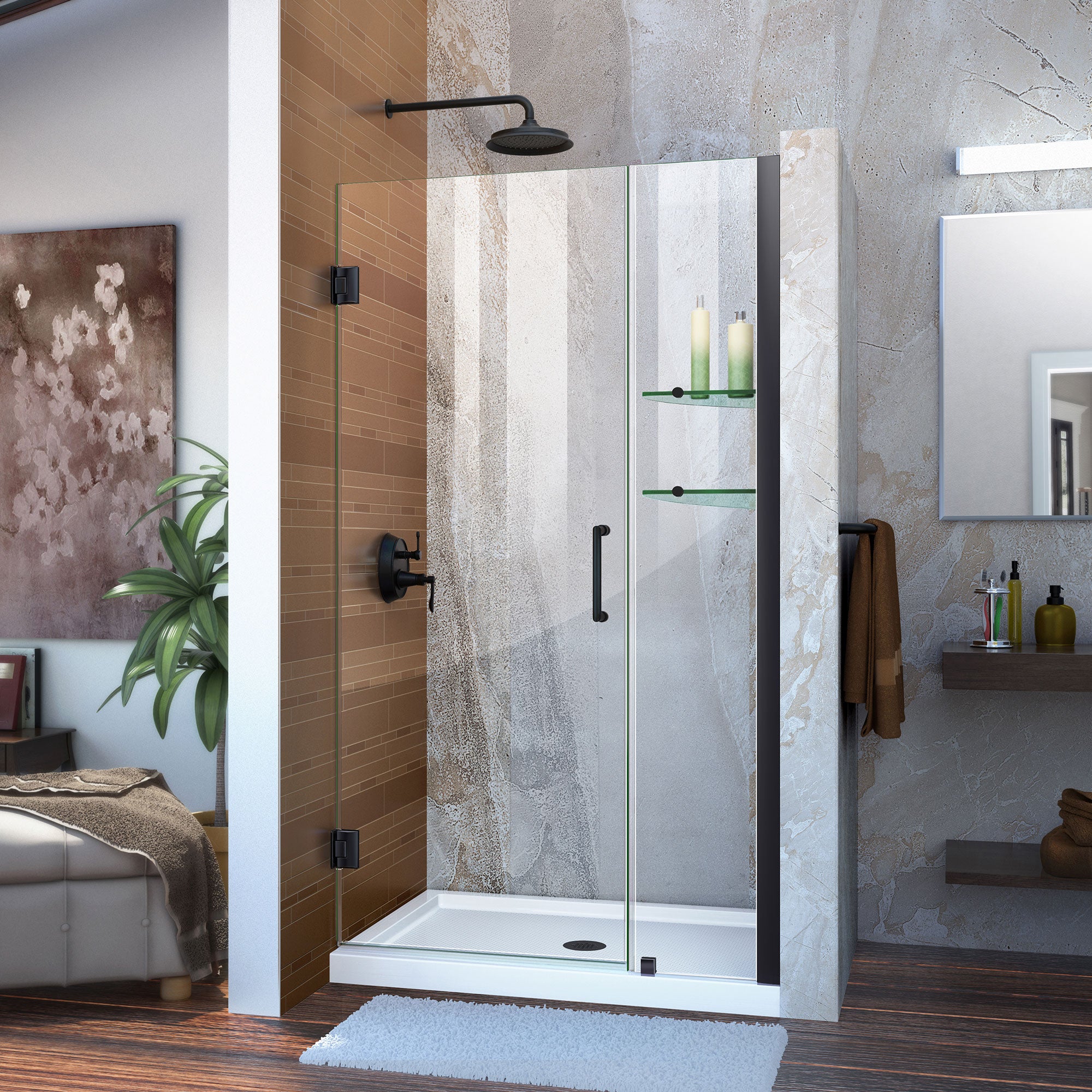 DreamLine Unidoor 36-37 Inch W x 72 Inch H Frameless Hinged Shower Door with Built-in Shelves - Clear Tempered Glass for Bathroom & Walk-in Shower - Modern & Space-Saving Design