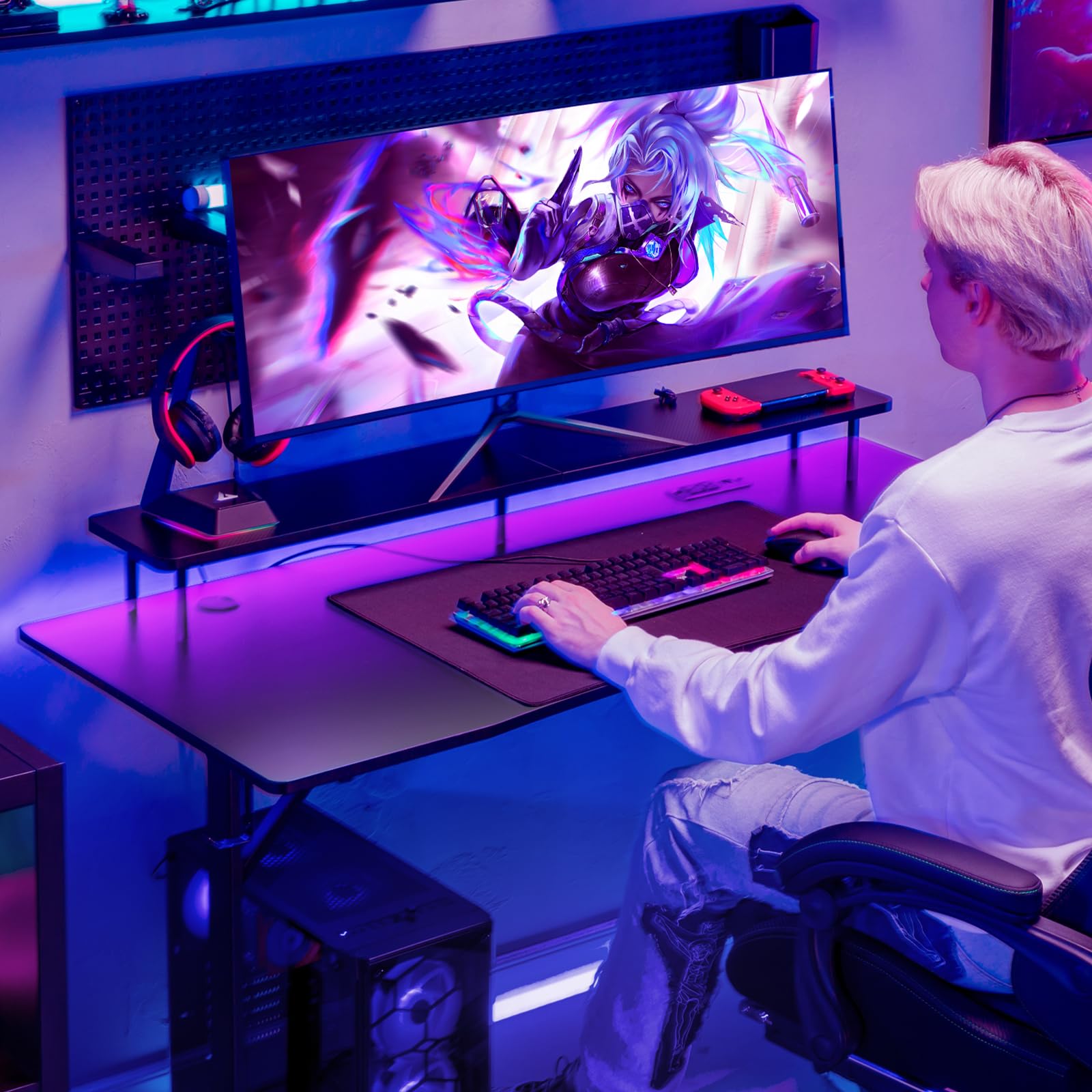 GTRACING 55 Inch LED Gaming Desk with Power Outlet & Monitor Stand - Ergonomic Carbon Fiber Computer Desk with Headphone Hook & Mouse Pad - Perfect for PC Gaming Setup, Home Office & Esports