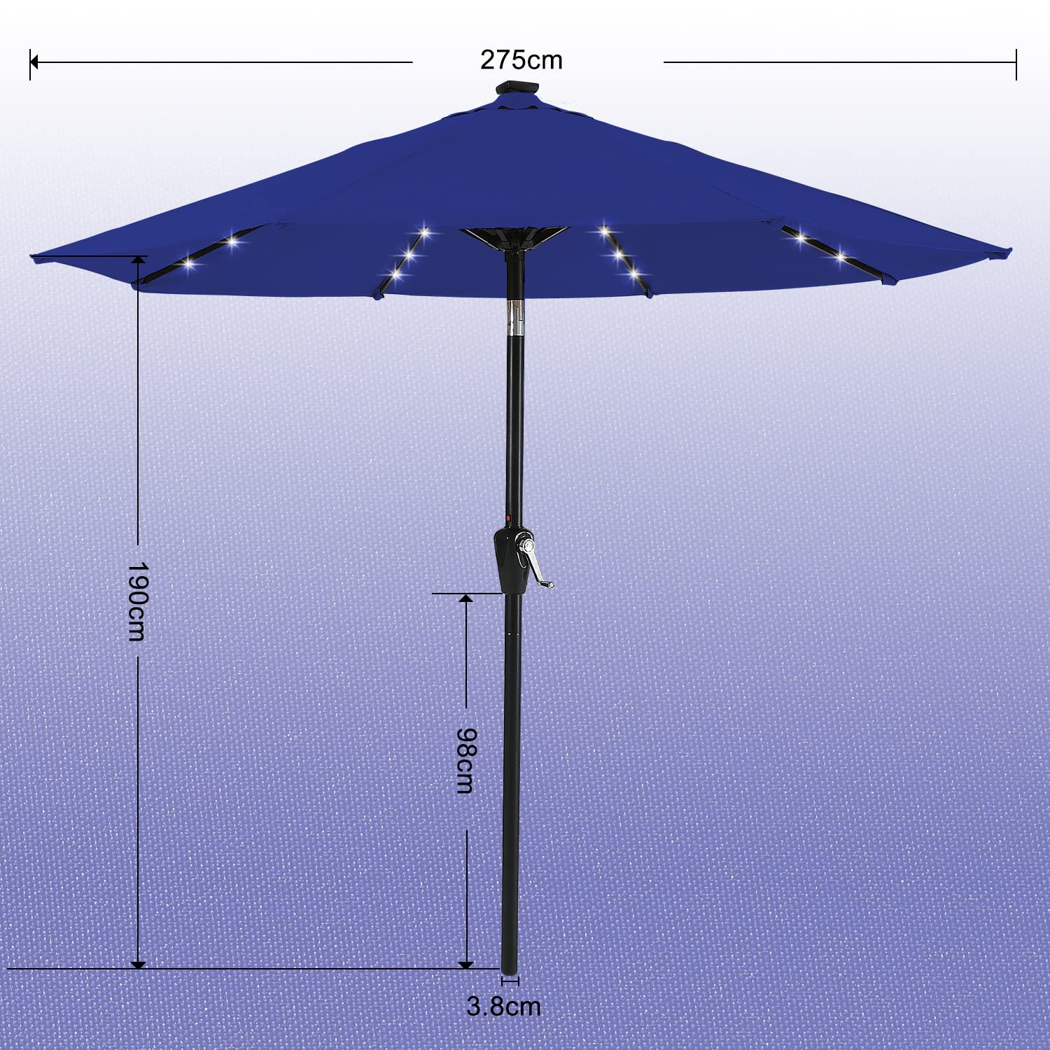 Durable 9FT Solar LED Patio Umbrella with 32 LED Lights - Blue Outdoor Canopy for Garden, Poolside & Backyard Relaxation