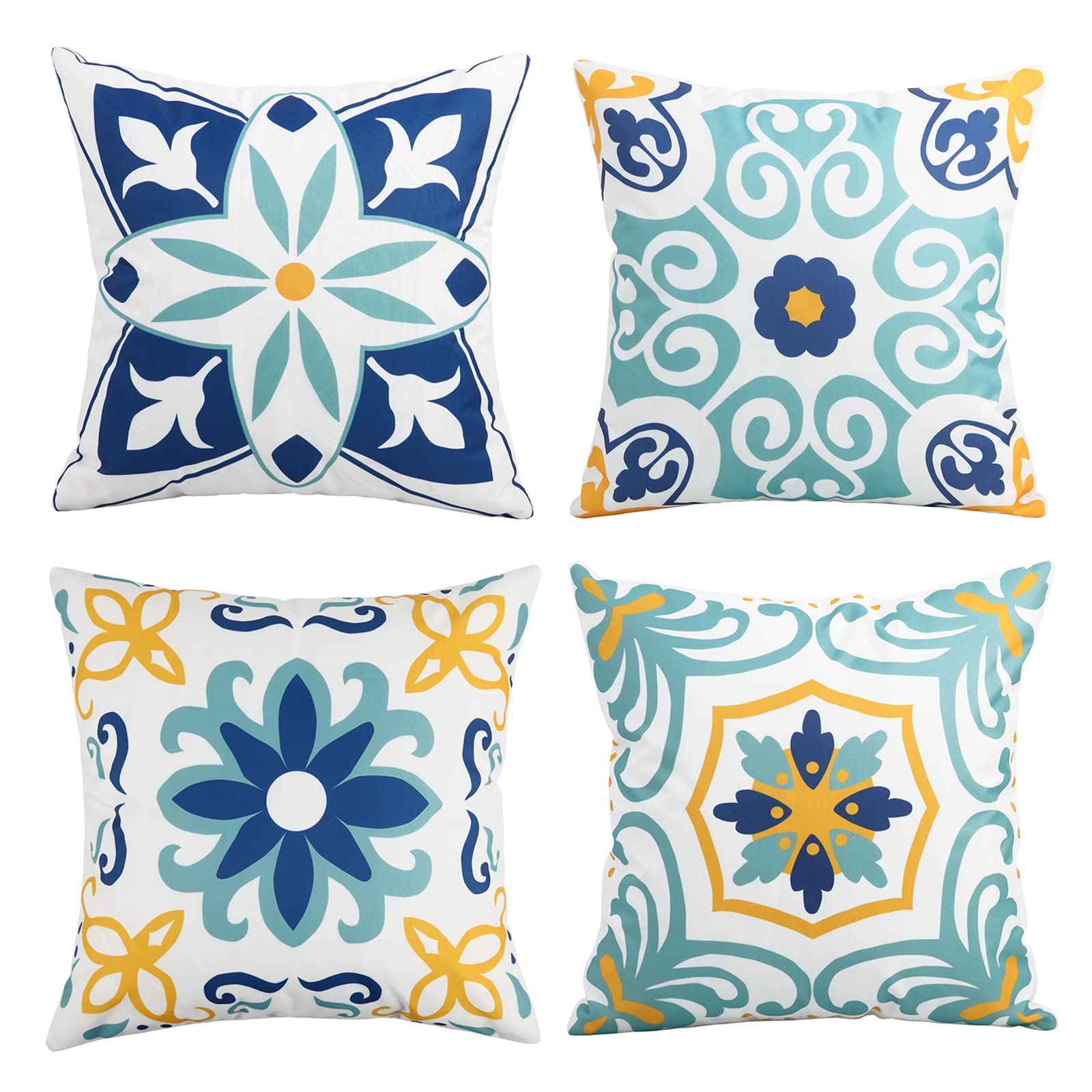 Waterproof Outdoor Pillow Covers 16x16 Inch - Set of 4 Blue Spring Summer Garden Cushion Cases for Patio, Couch, Tent & Camping - Durable Weather-Resistant Decorative Throw Pillows