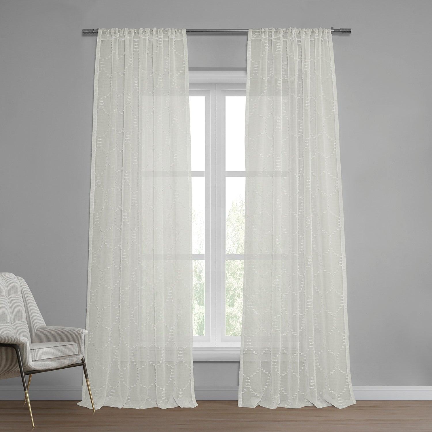 Geometric Pattern Sheer Curtains - Faux Linen Window Drapes with Marseille Shell Design for Living Room, Bedroom & Office Decor