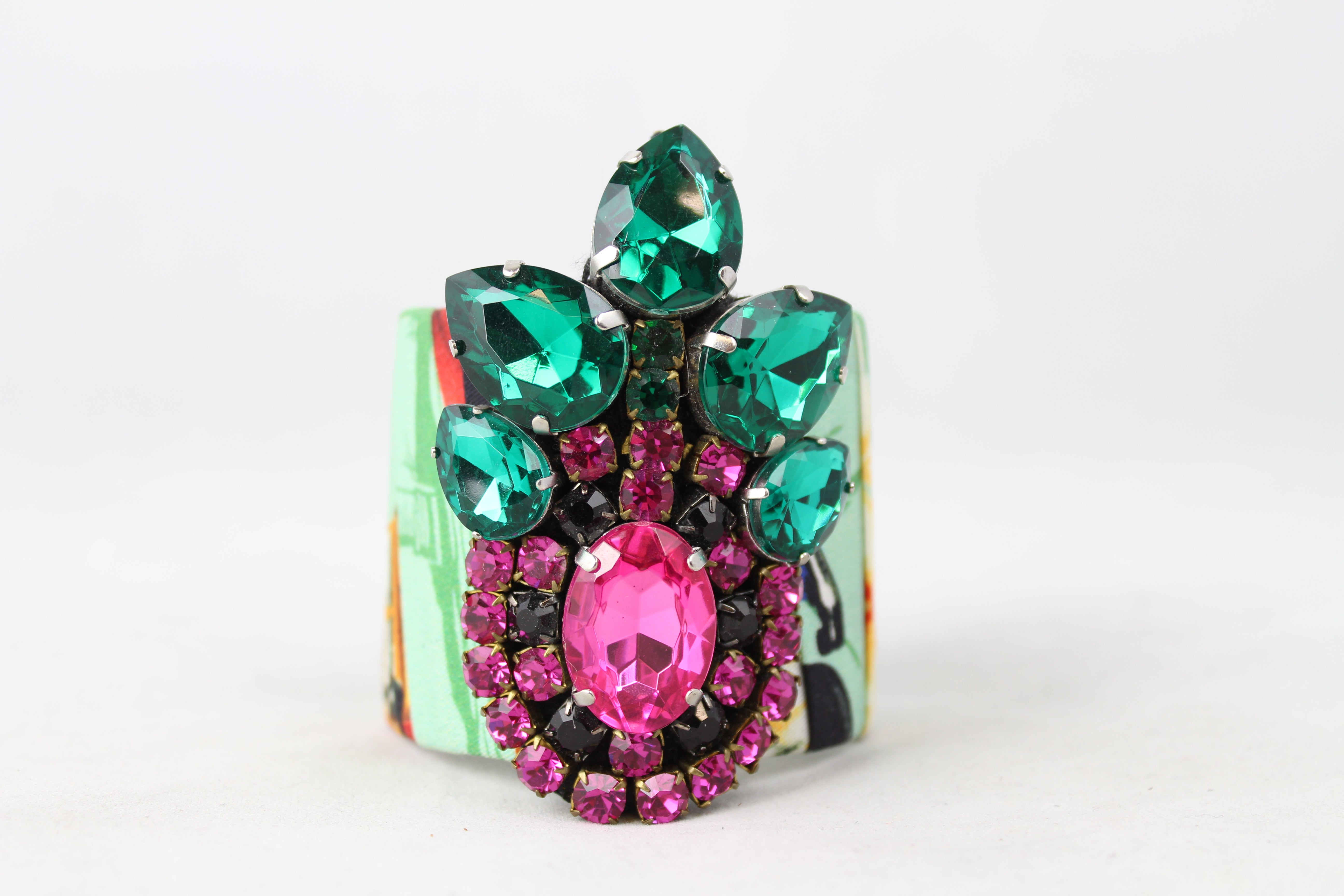 Stella Jean Green Fabric Stiff Bracelet with Stones - Elegant Jewelry for Women, Perfect for Parties, Weddings & Special Occasions
