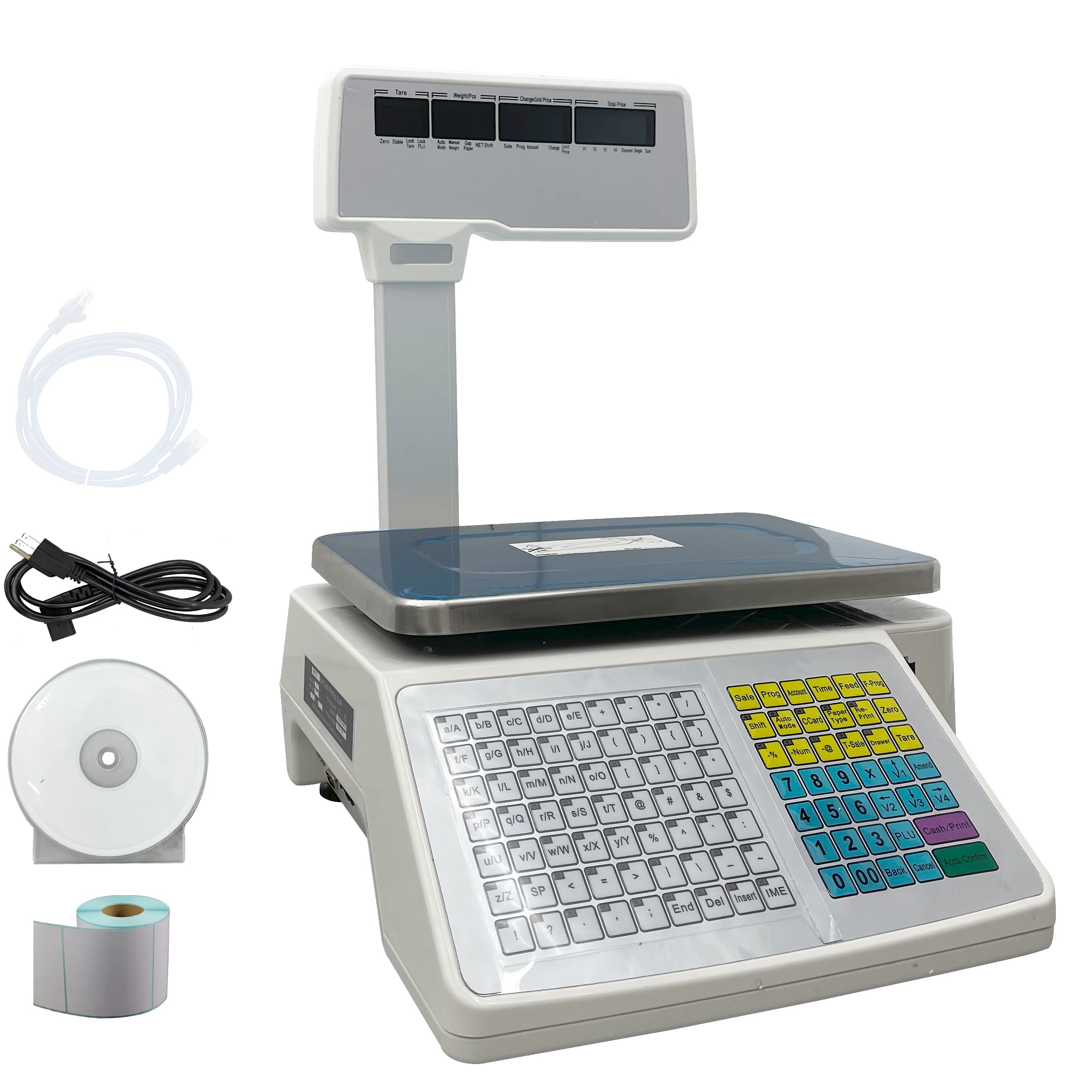 INTSUPERMAI 30lbs Digital Price Computing Scale with Thermal Label Printer - 4 Display Windows & Pole - Double-sided Commercial Supermarket Scale for Retail, Grocery, and Warehouse Use