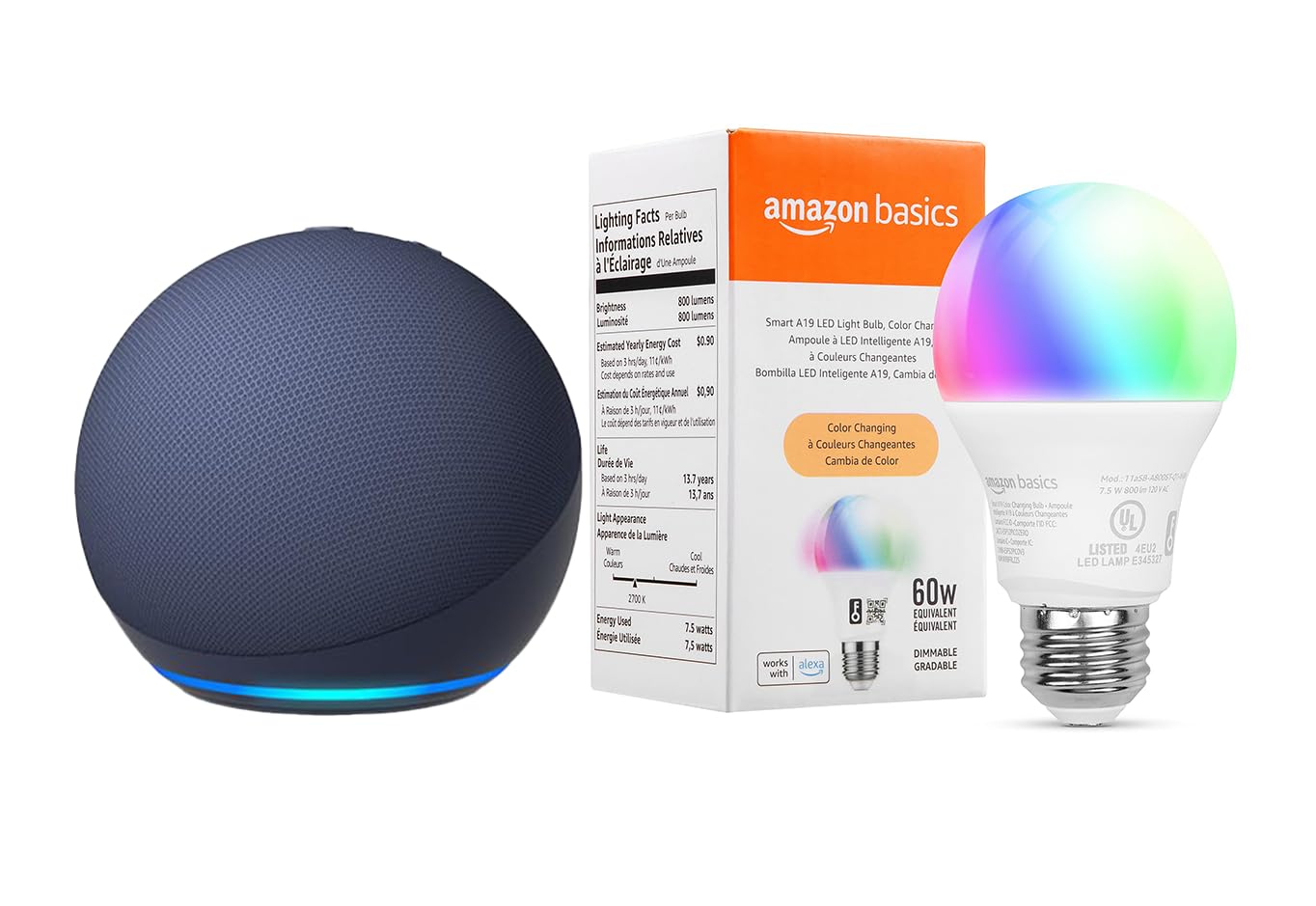 Amazon Echo Dot (4th Gen) with Amazon Basics Smart Color Bulb - Smart Speaker & LED Light Bulb Combo for Home Automation, Music & Voice Control