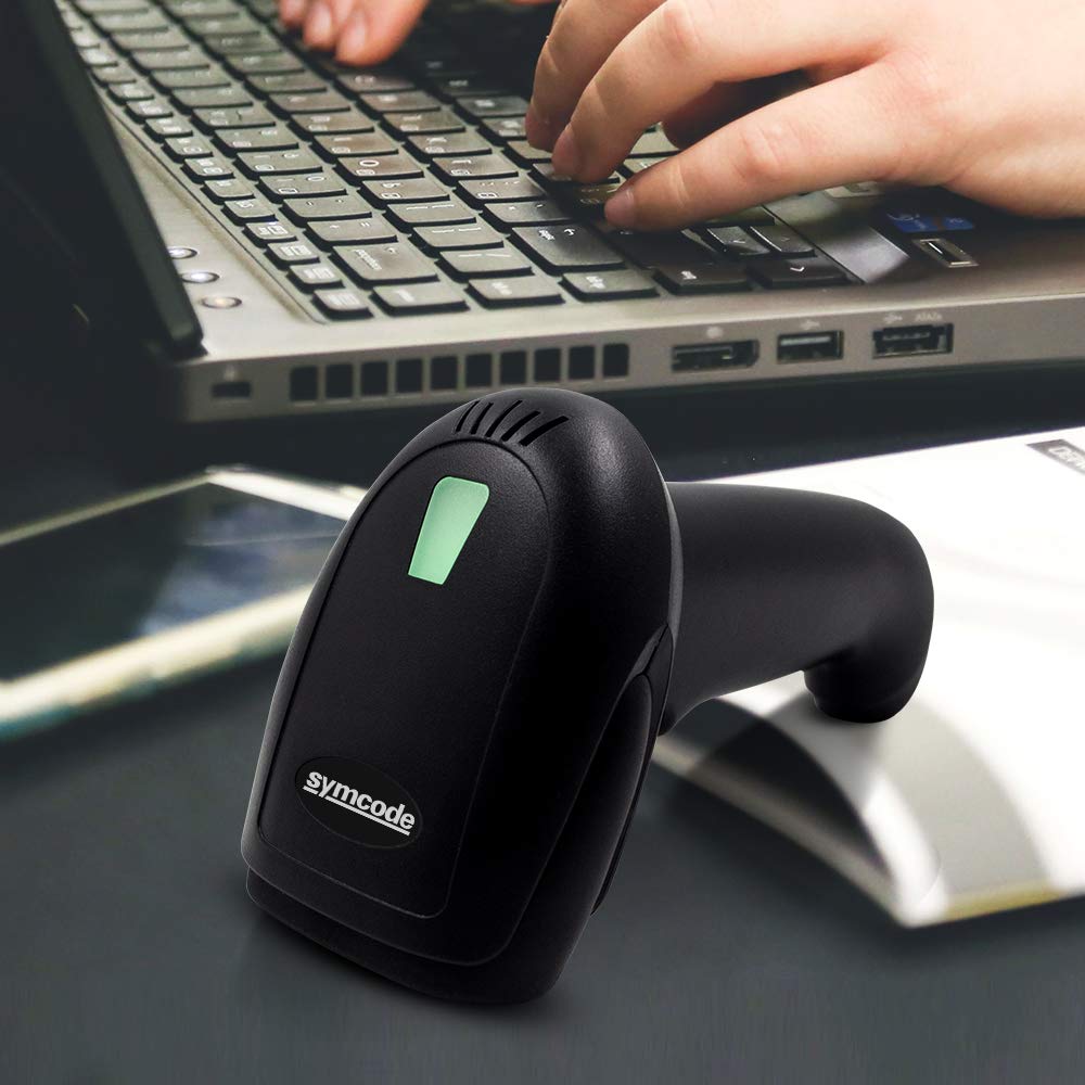 Symcode Wireless Barcode Scanner with Stand - 2-in-1 (2.4GHz Wireless + USB 2.0 Wired) Rechargeable Cordless 1D Barcode Reader for Retail, Warehouse & Inventory Management