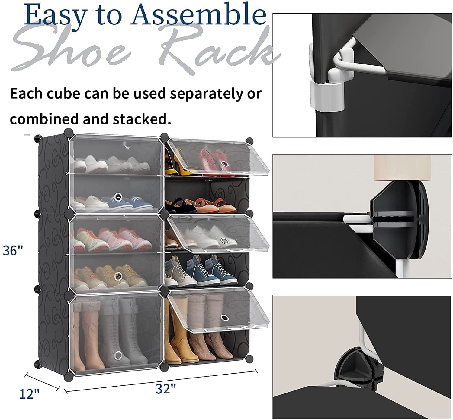 Aeitc 100 Pairs Expandable Shoe Rack Organizer - Space Saving Stackable Shoe Storage Cabinet with Hooks & Side Shelf for Entryway, Closet, Bedroom - Black | Perfect for Small Spaces & Home Organization