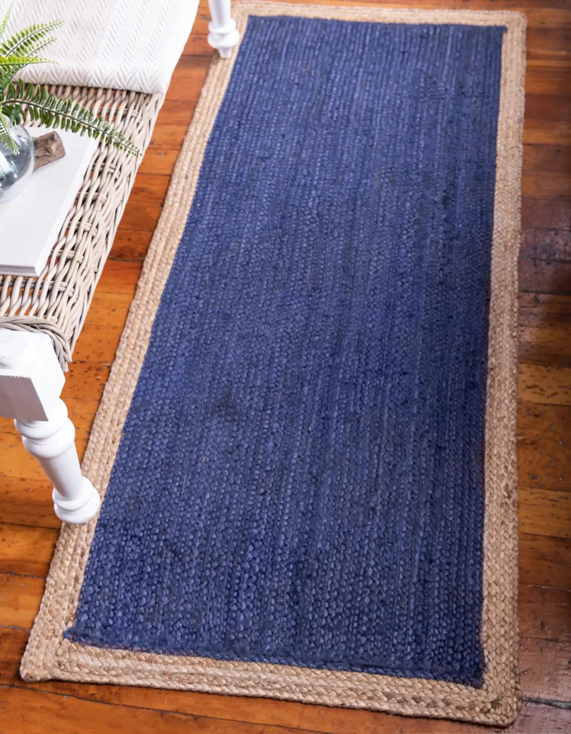 Hand Braided Rectangle Blue Dye Area Rug - 2.5x15 Feet - Non-Slip Living Room Runner, Bedroom Carpet, Kitchen Floor Mat - Perfect for Home Decor, Hallway & Entryway