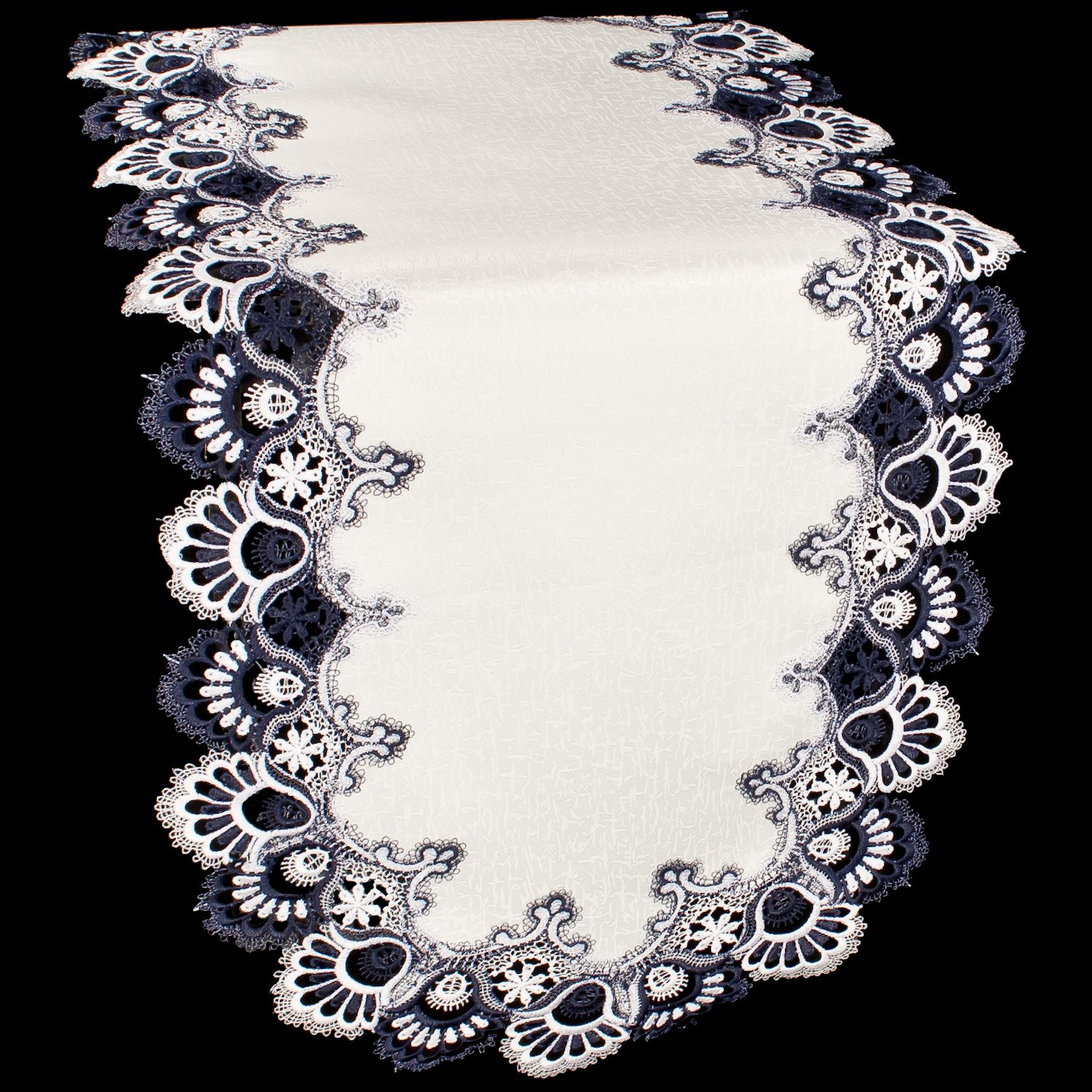 White Navy Blue Jacquard Peacock Tail Lace Dresser Scarf - Elegant Table Runner for Coffee Table, Dining Table, or Dresser (16x35 Inches) - Perfect for Home Decor, Weddings & Special Occasions