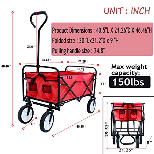 Heavy Duty Collapsible Wagon Cart with Wheels - 150lbs Capacity Foldable Utility Cart, Portable Steel Frame Beach Wagon for Sand, Camping, Picnics, Grocery Shopping & Outdoor Adventures (Red)