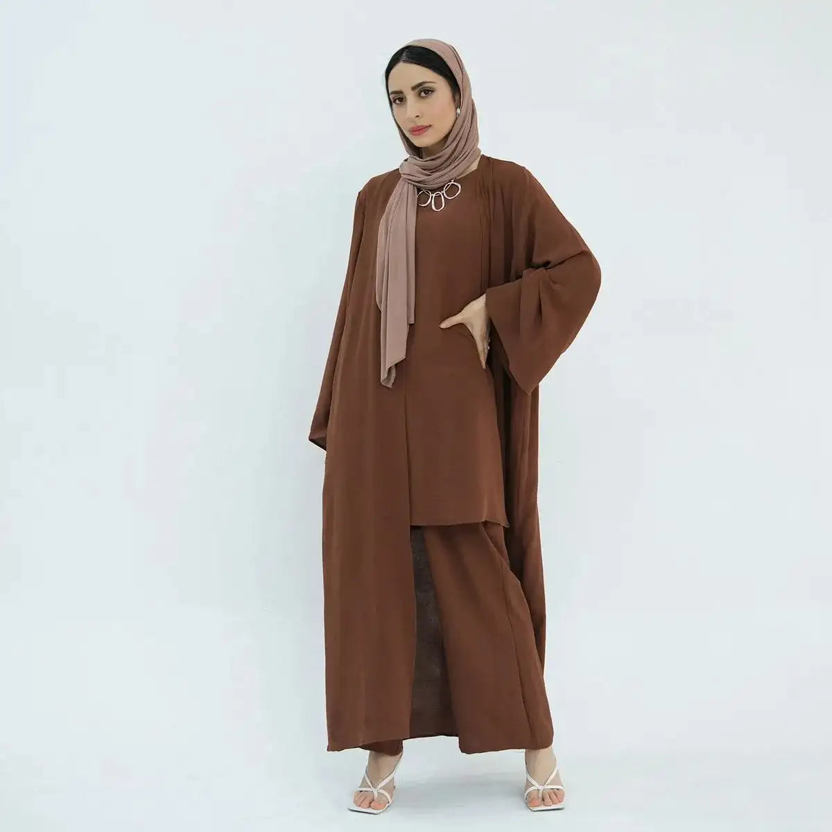 3-Piece Sleeveless Top & Pant Suit with Open Abaya Dress for Muslim Women - Modest Islamic Fashion for Prayer, Eid, Wedding & Special Occasions