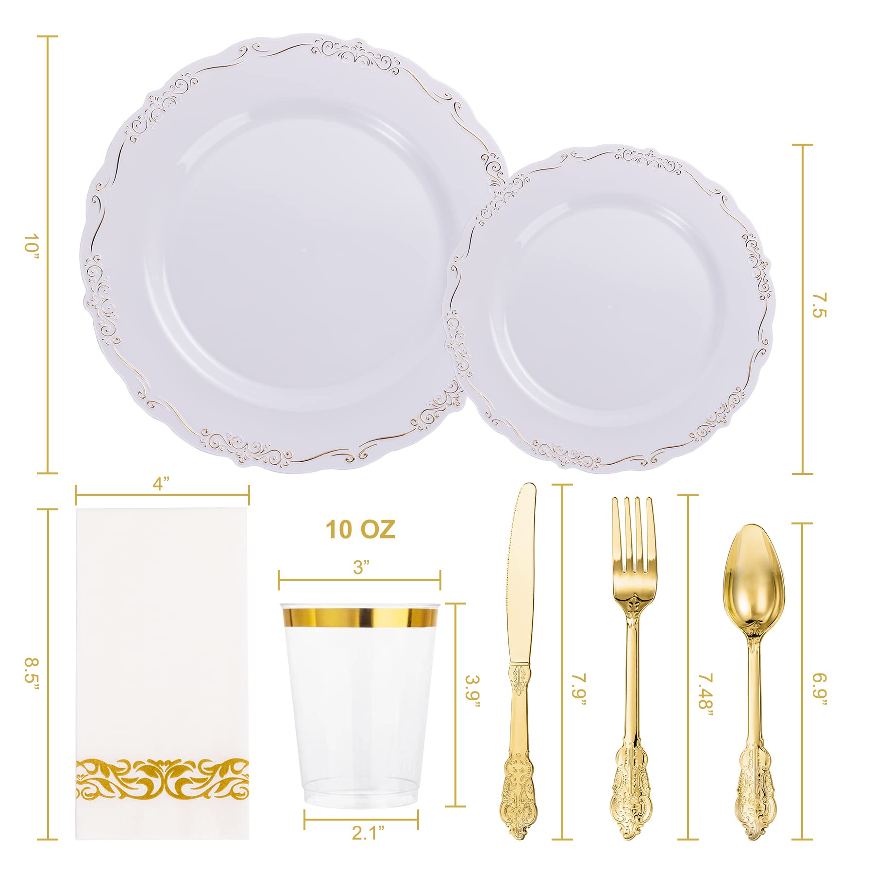 175-Piece Gold Plastic Dinnerware Set for 25 Guests - Includes 25 Dinner Plates, Dessert Plates, Paper Napkins, Cups & Gold Silverware Sets | Elegant Party & Wedding Tableware for Banquets, Bridal Showers & Special Events