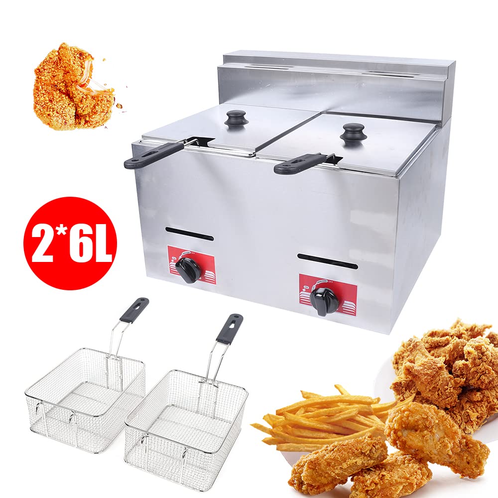 Commercial Stainless Steel Countertop Deep Fryer - 6L Dual Basket Gas Fryer for Chicken, French Fries, Chips - Perfect for Restaurants, Home Kitchens & Outdoor Cooking