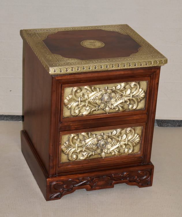 Handcrafted Embossed Brass Wooden Stool with Drawers - Traditional Indian Furniture for Living Room, Bedroom & Boho Decor