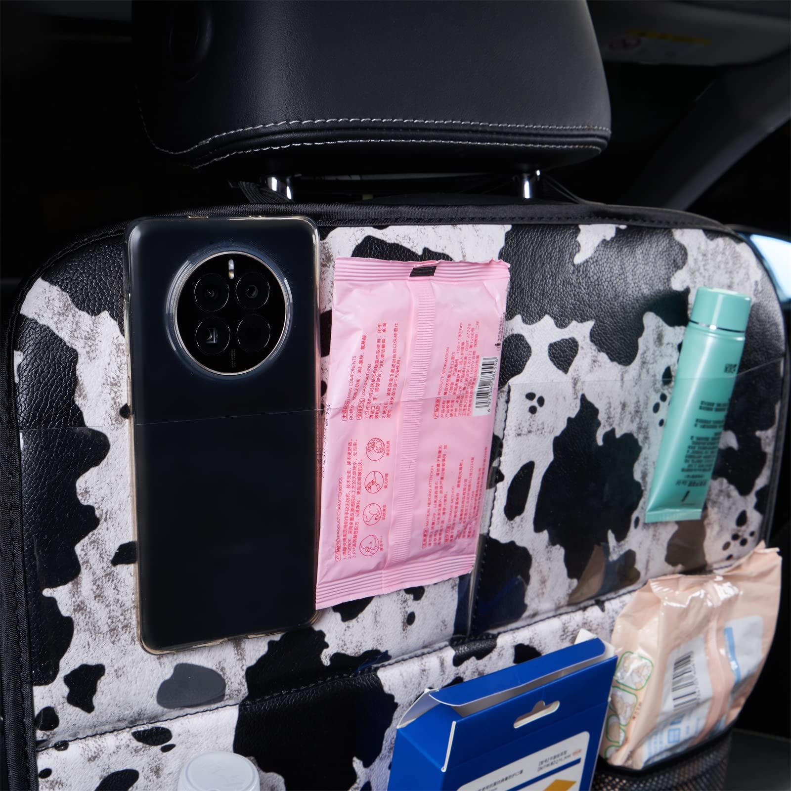 Cow Print Car Seat Back Kick Protectors - 2 Pack Kick Mats with Storage Pockets for Kids, Durable Car Accessories for SUVs & Minivans - Perfect for Road Trips & Family Travel