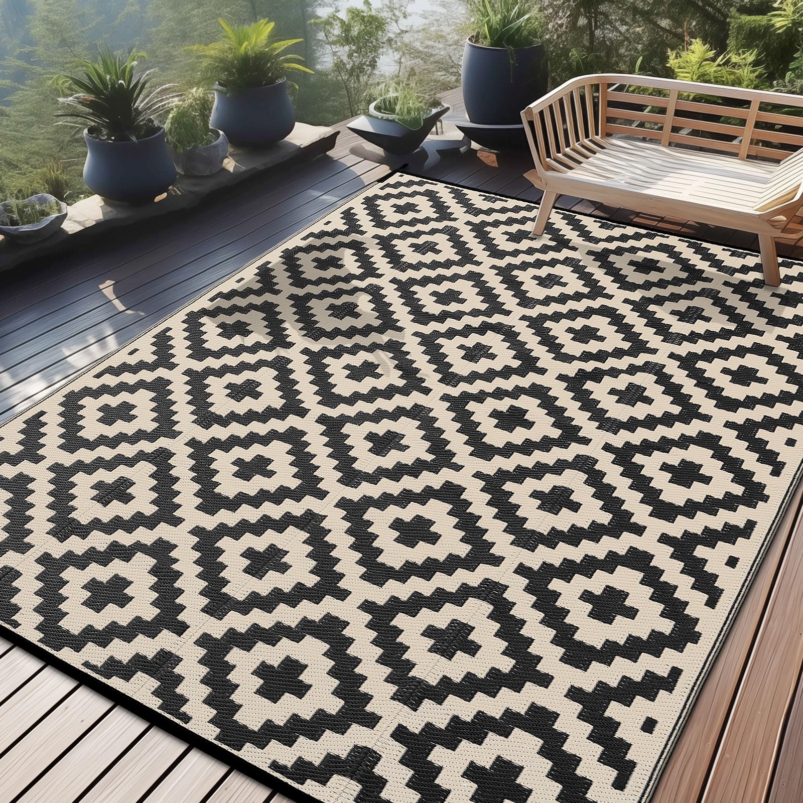 OLANLY 10x14 ft Waterproof Outdoor Rug - Durable Plastic Straw Mat for Camping, RV, Porch, Deck, Backyard, Balcony & Picnic - All-Weather Black & Beige Patio Carpet for Outdoor Entertaining & Relaxation