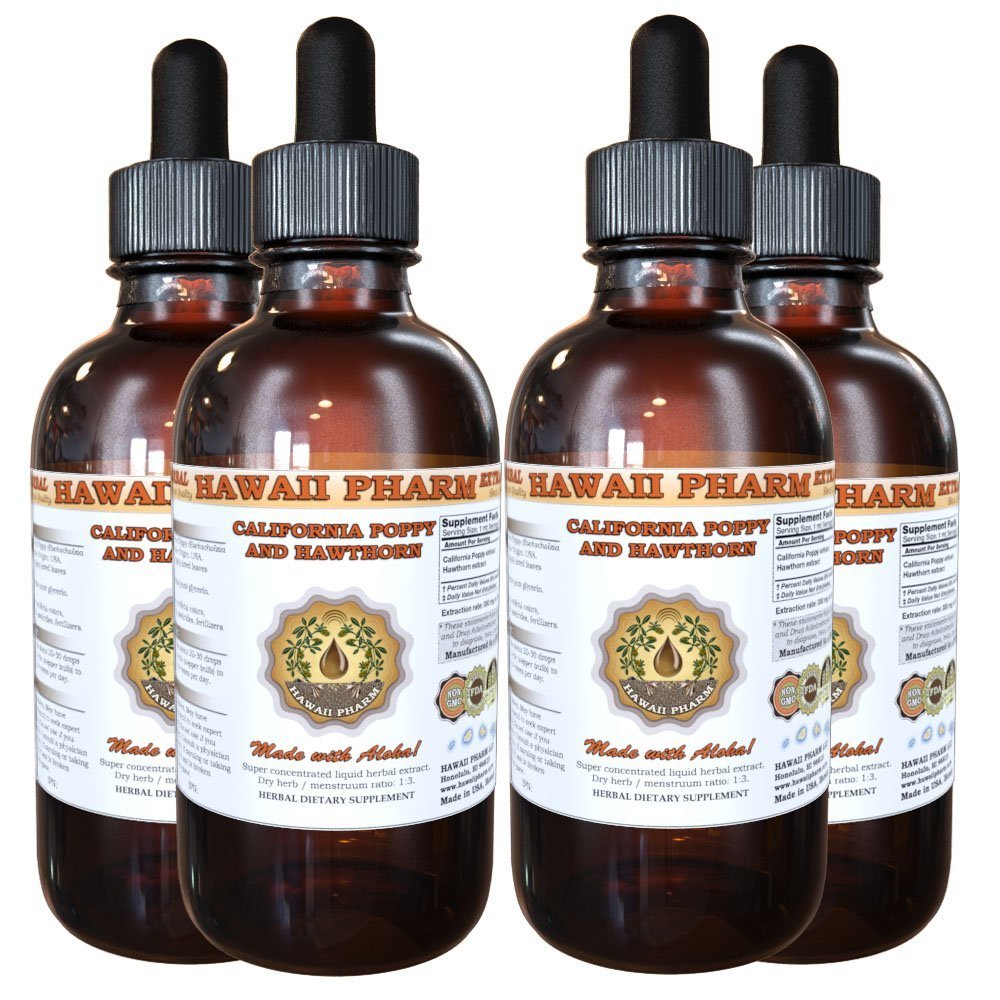 Organic California Poppy & Hawthorn Liquid Extract Tincture - Herbal Supplement for Stress Relief & Heart Health - Made in USA by Hawaii Pharm - 4x4 fl.oz - Perfect for Natural Relaxation & Cardiovascular Support