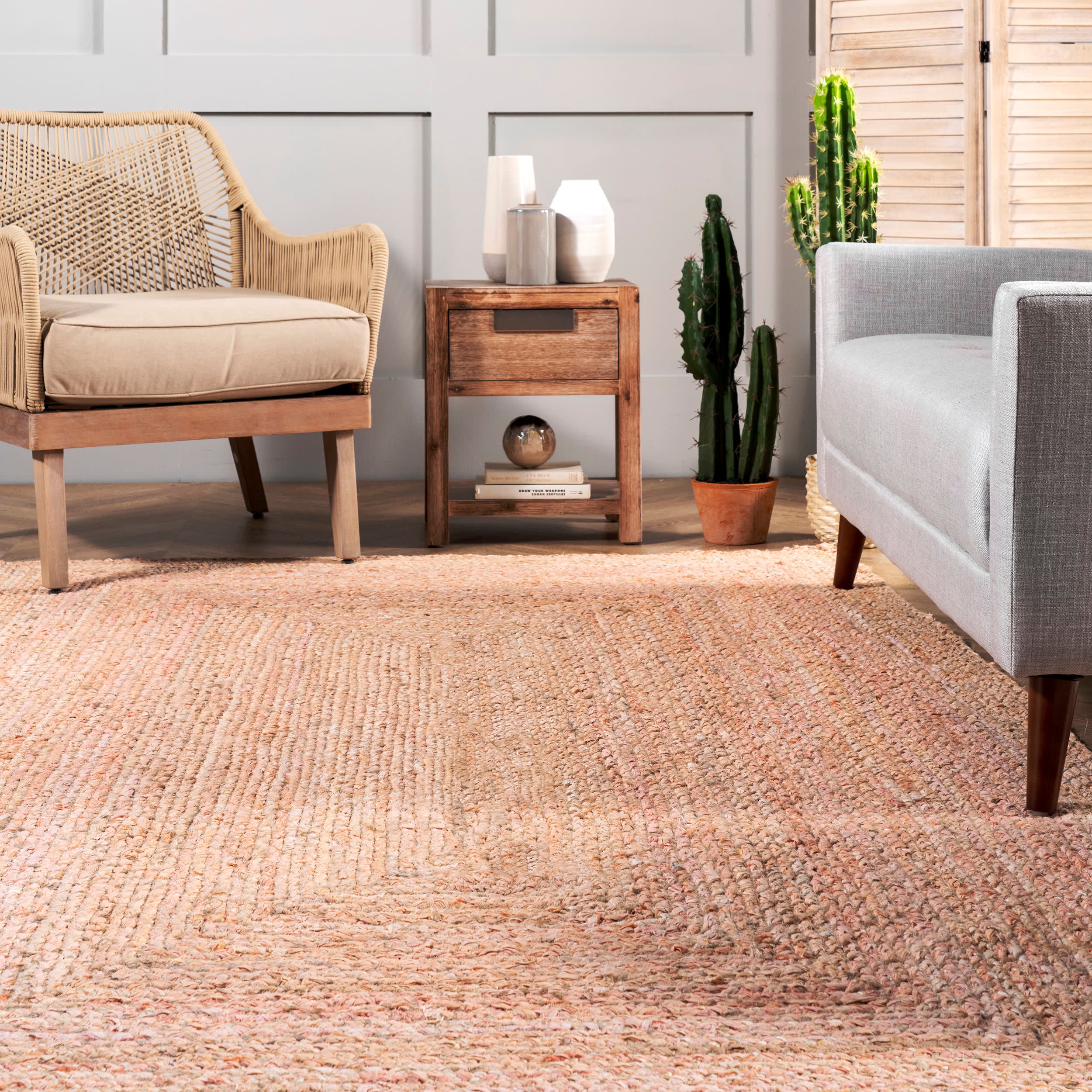Hand Braided Denim and Jute Interwoven Solid Area Rug - Beige | Eco-Friendly Floor Mat for Living Room, Bedroom, or Nursery Decor